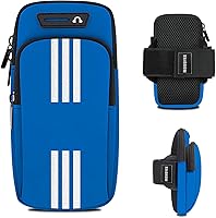 MOVOYEE Running Armband Phone Holder for iPhone 16/15/14/13 Samsung Galaxy S25/S24 - Universal 7.6" Fit, No-Slip, Dual Pockets, Blue