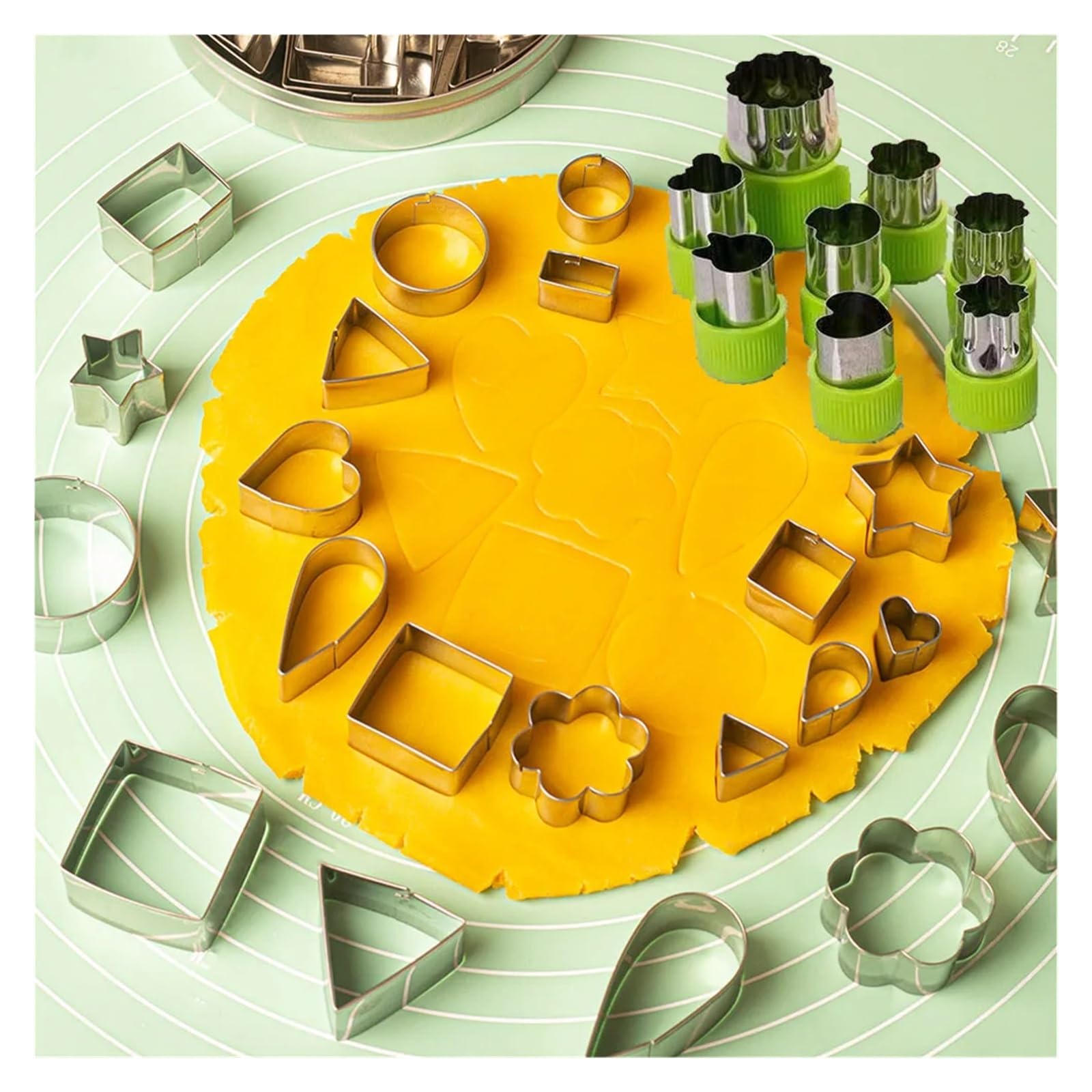 Juego de 24 mini cortadores de galletas + 9 cortadores de frutas de empuje, moldes de acero inoxidable for hornear galletas, fondant, frutas y verduras(24Pcs-9Pcs pink)