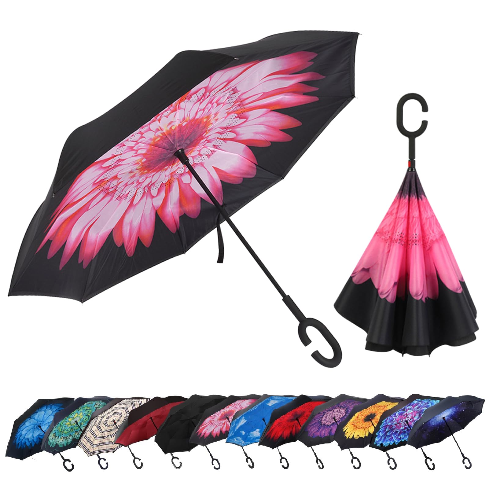 LLanxiryUmbrella,Windproof Waterproof Golf Umbrella,Double Layer Folding Inverted Anti-UV Protection Umbrellas,Reverse Sun Umbrella with C-Shaped Handle,Upside Down Umbrella for Car Rain Outdoor (Pink Daisy)
