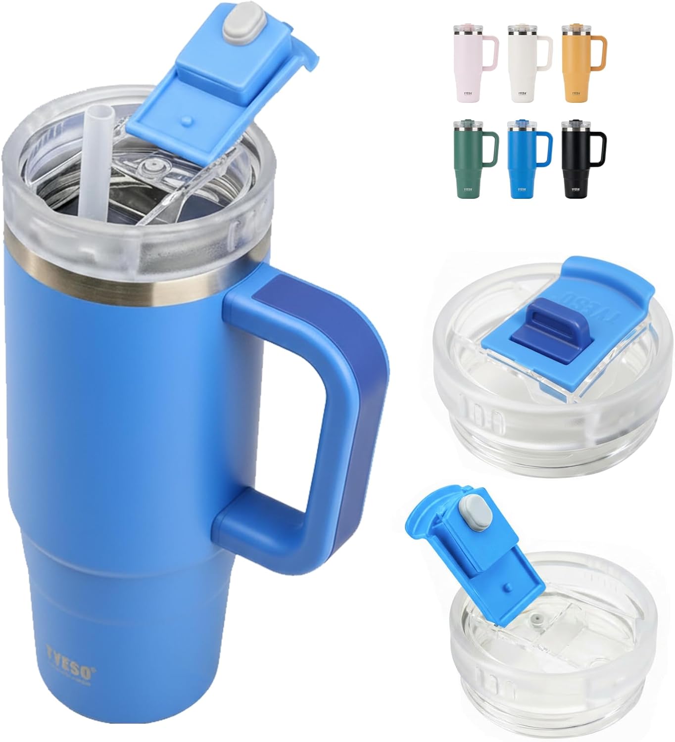 TYESO Vacuum Insulated Tumbler Water Bottle Cold Insulation Stainless Steel Bottle Straw Handle Mug Double Wall Wide Mouth (KLEIN BLUE, 40 oz)