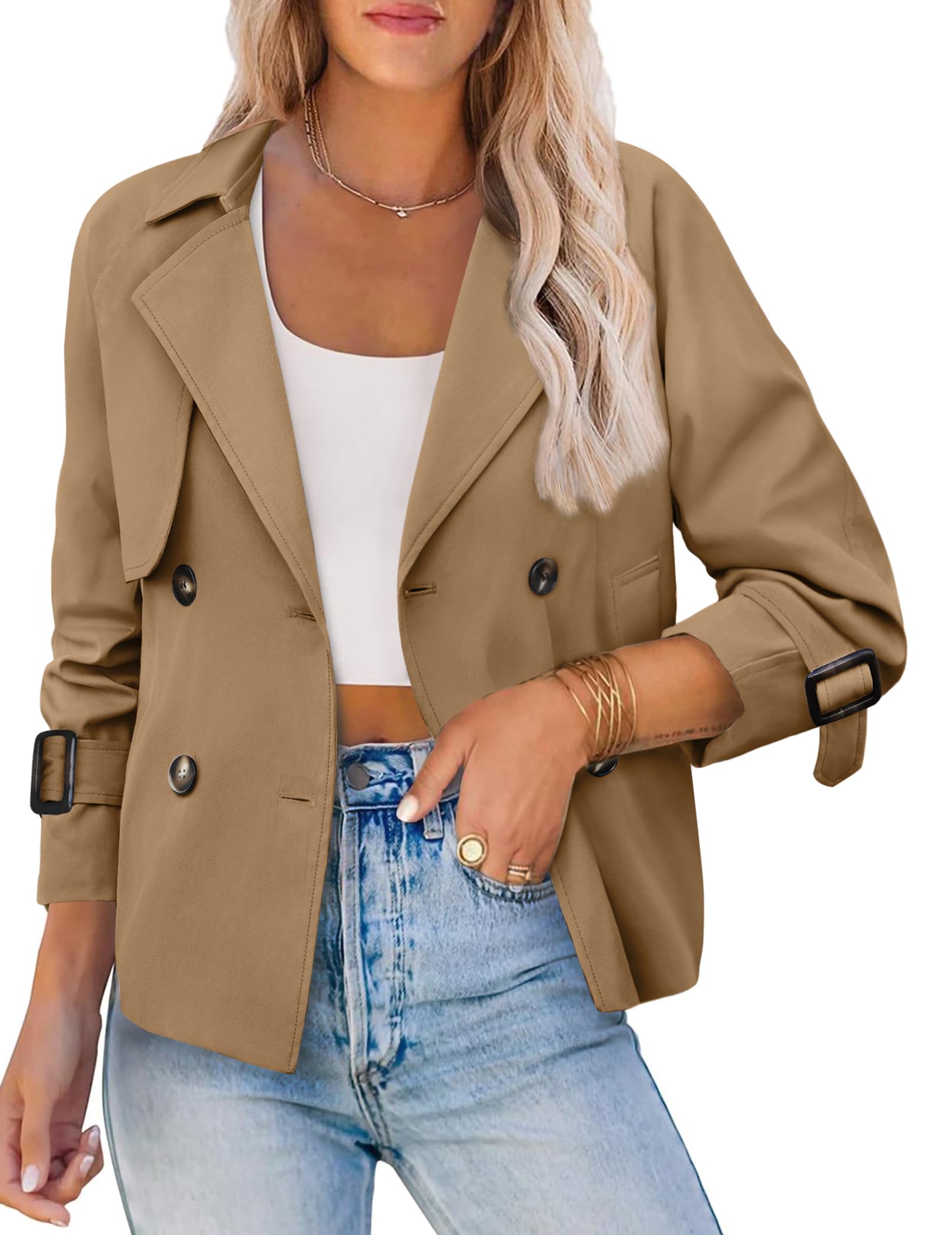 AGSEEM Womens Cropped Trench Coat Casual Double Breasted Long Sleeve Lapel Short Jackets with Pockets Fashion Outerwear 2026