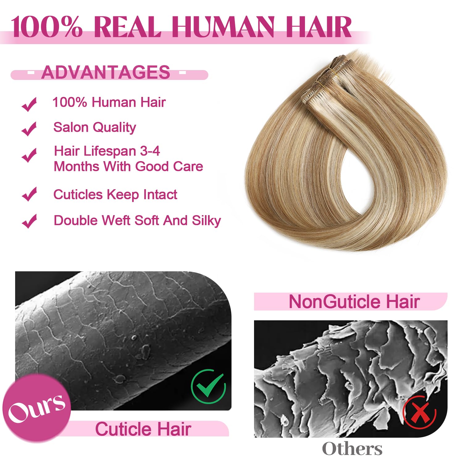 100% Remy Human Hair Clip-In Extensions, Straight Double-Weft