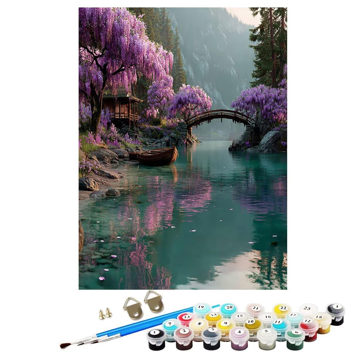 Landschaft Brücke Malen Nach Zahlen Erwachsene, Paint by Numbers Adult Set, Heimwerk Malen Nach Zahlen Kinder Mit Rahmen, Pinsel und 36 Acrylfarbe für Deko Wohnzimmer Geschenke 60 x 80 cm BJHDK403