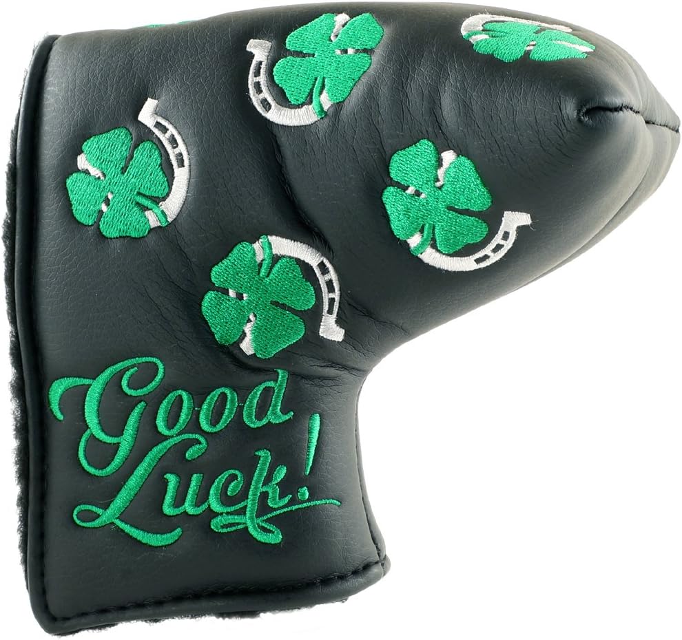 19th Hole Custom Shop Clover and Horseshoe Headcover for Midsize Mallet Putter, Black, Golf Head Cover