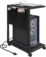 Vista 10 de Soporte para PC, soporte de torre de computadora con estación de carga, soporte de torre de PC ajustable en altura para piso, carrito de computadora