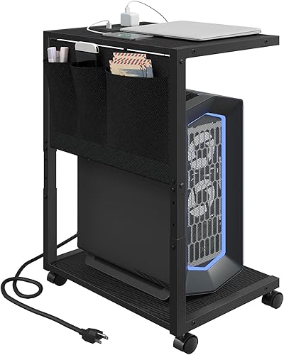 Soporte para PC, soporte de torre de computadora con estación de carga, soporte de torre de PC ajustable en altura para piso, carrito de computadora