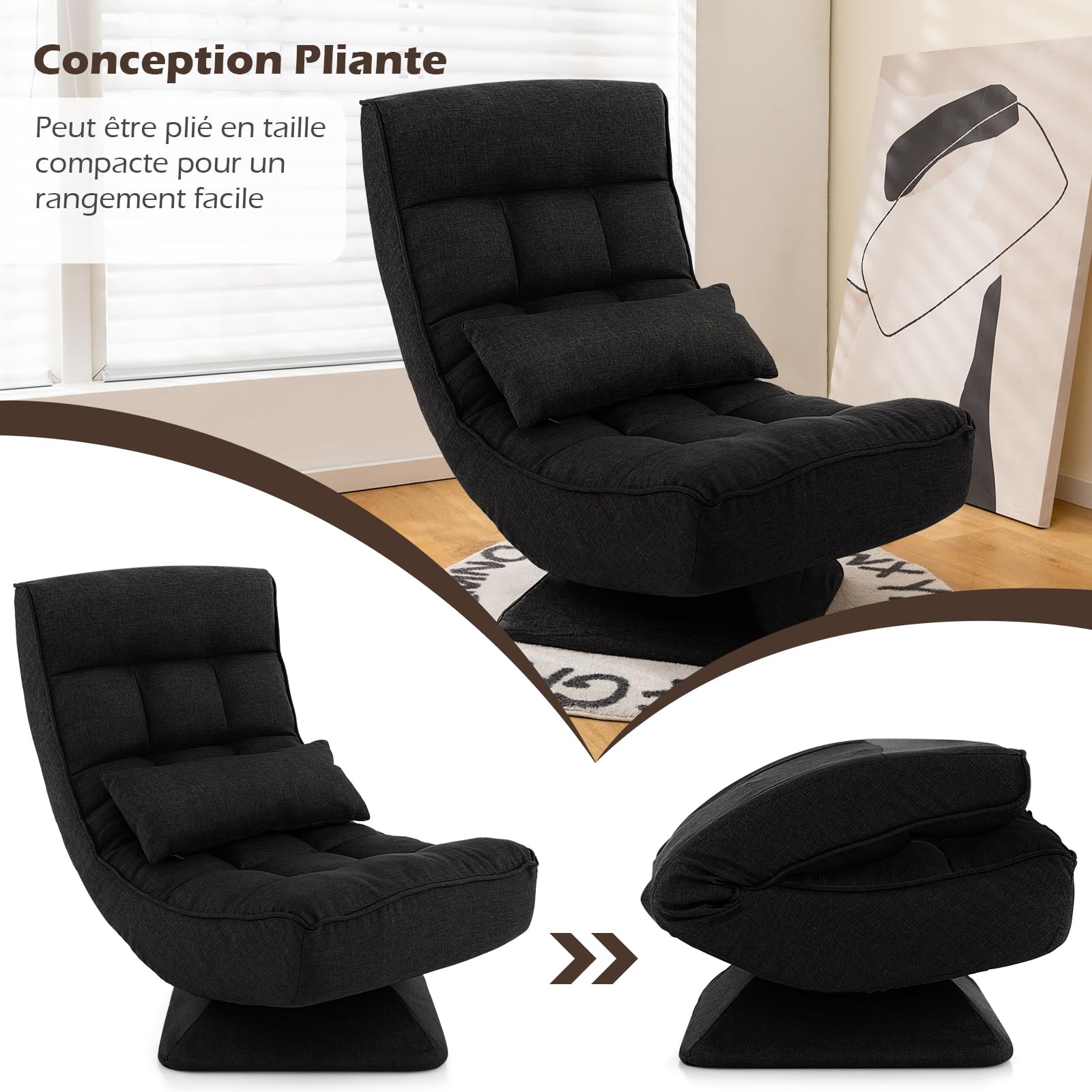 COSTWAY Chaise de Sol Pliable Réglable à 5 Positions, Fauteuil Rembourré Pivotante, avec Oreiller Lombaire, Fauteuil de Salon pour Méditer, Lire, se Reposer, sans Assemblage (Noir)
