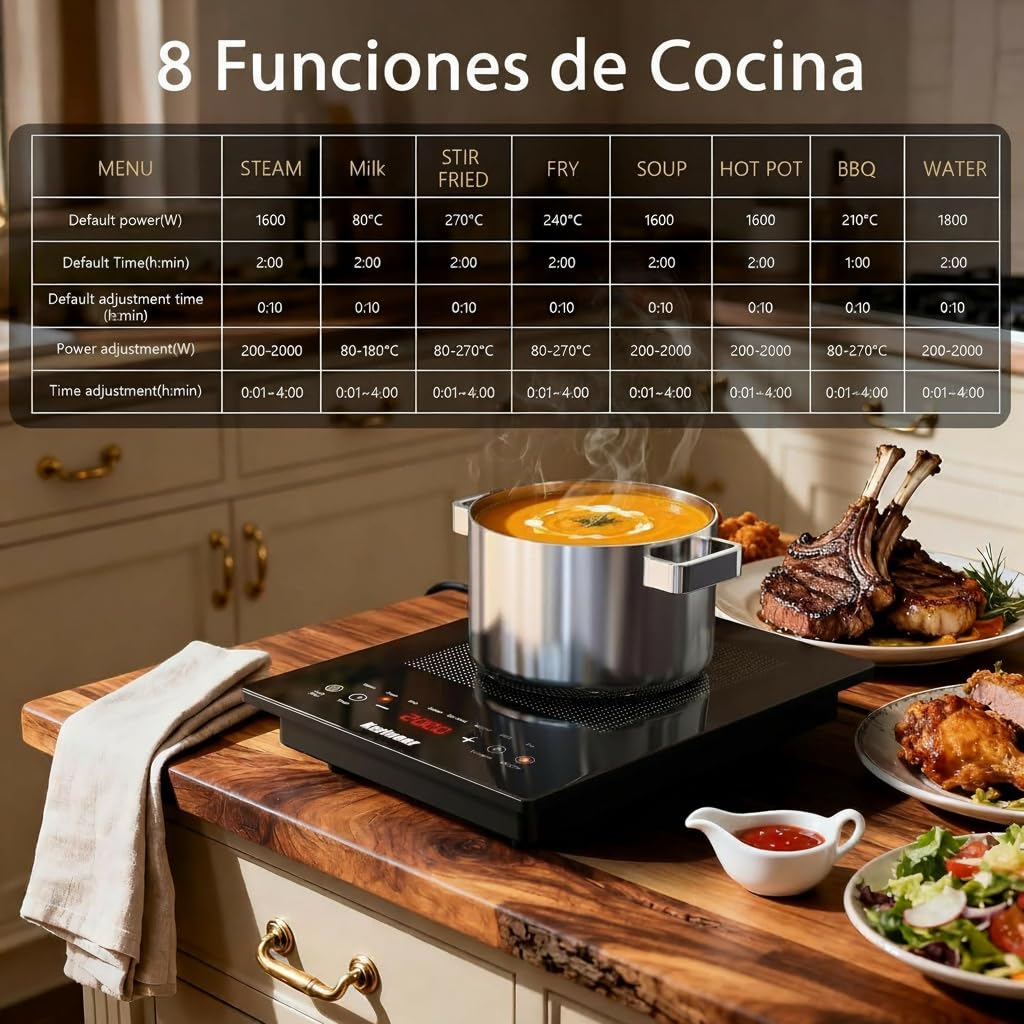 Karinear Placa de Inducción 1 Fuego con Enchufe, Inducción Portátil, Temporizado, Bloqueo de Seguridad, Apto Para Uso en Exteriores, Tamaño de 30 cm, Fácil de Transportar, 2000 W, 220-240 V