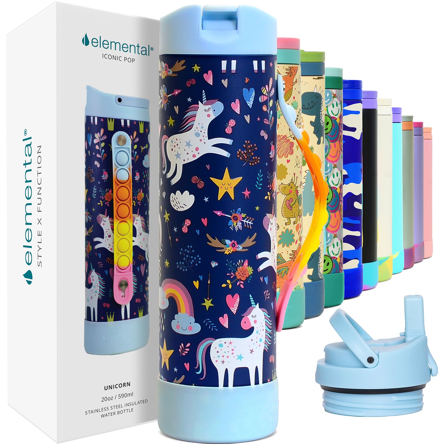 Elemental Iconic Kids Water Bottle with Straw Lid & Stress Reliever Pop It Handle, Leak-Proof When Closed, Triple Insulated Stainless Steel Reusable Thermos Water Bottle, 20oz - Unicorn