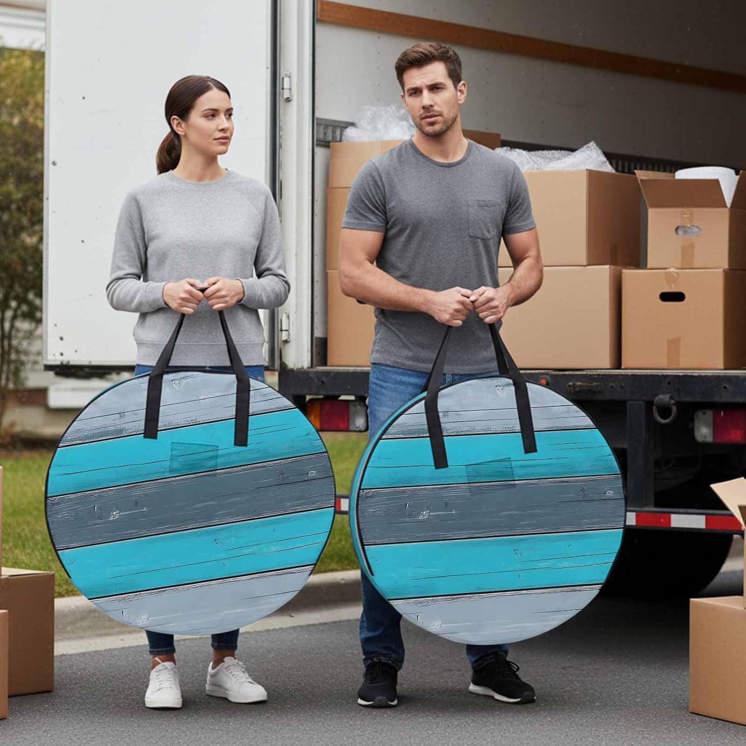 Blue Grey Stripe Round Storage Bag 36 Inch, Retro Coastal Style Wood Texture Clothes Storage Container with Handles Heavy Duty Organizer for Comforter, Bedding & Holiday Wreaths