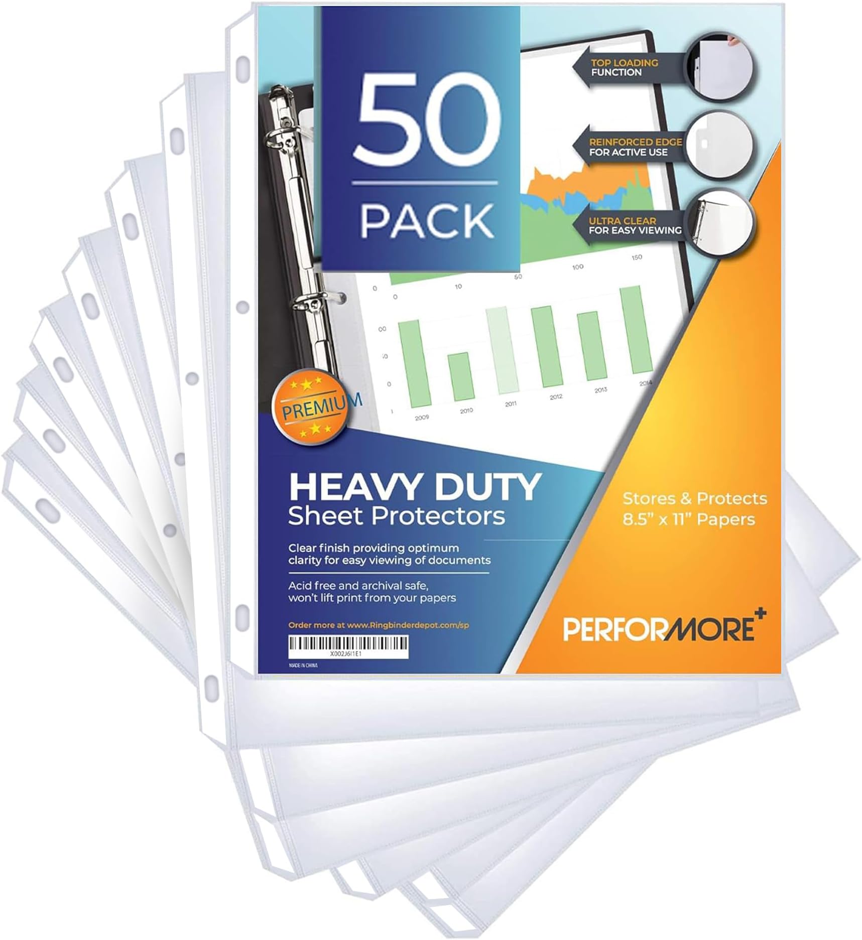 50 Sheet Protectors 8.5 x 11 for 3 Ring Binder, Heavy Duty, Clear Page Protectors, Polypropylene Plastic Sleeves for Paper, Top Loading, Acid Free, Reinforced Holes, Archival Safe - Performore