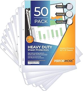 Performore 50 Sheet Protectors, Heavy Duty 8.5 X 11 Inch Clear Page for 3 Ring Binder, Plastic Sheet Sleeves, Durable Top Loading Paper Protector with Reinforced Holes, Archival Safe