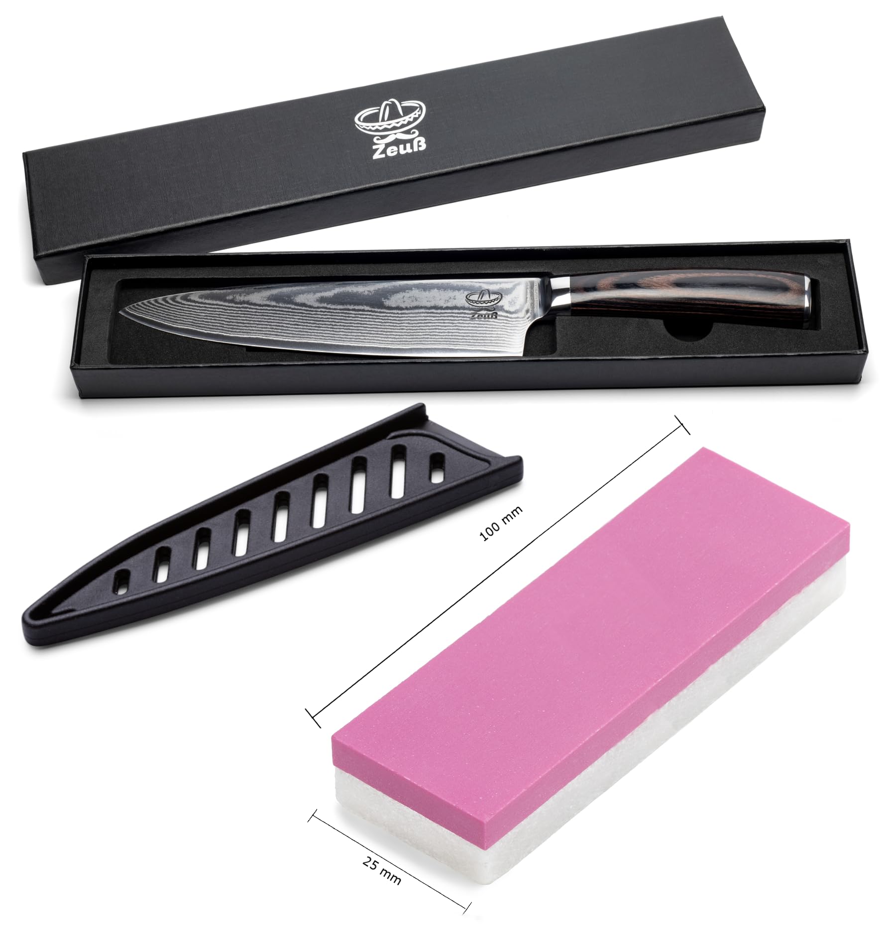 Damastmesser Küchenmesser XL (32cm) TÜV geprüfter 62 HRC Damaststahl aus 67 Lagen I Damast-Küchenmesser Chefmesser Kochmesser mit Schleifstein Holzgriff Geschenkbox und Klingenschutz