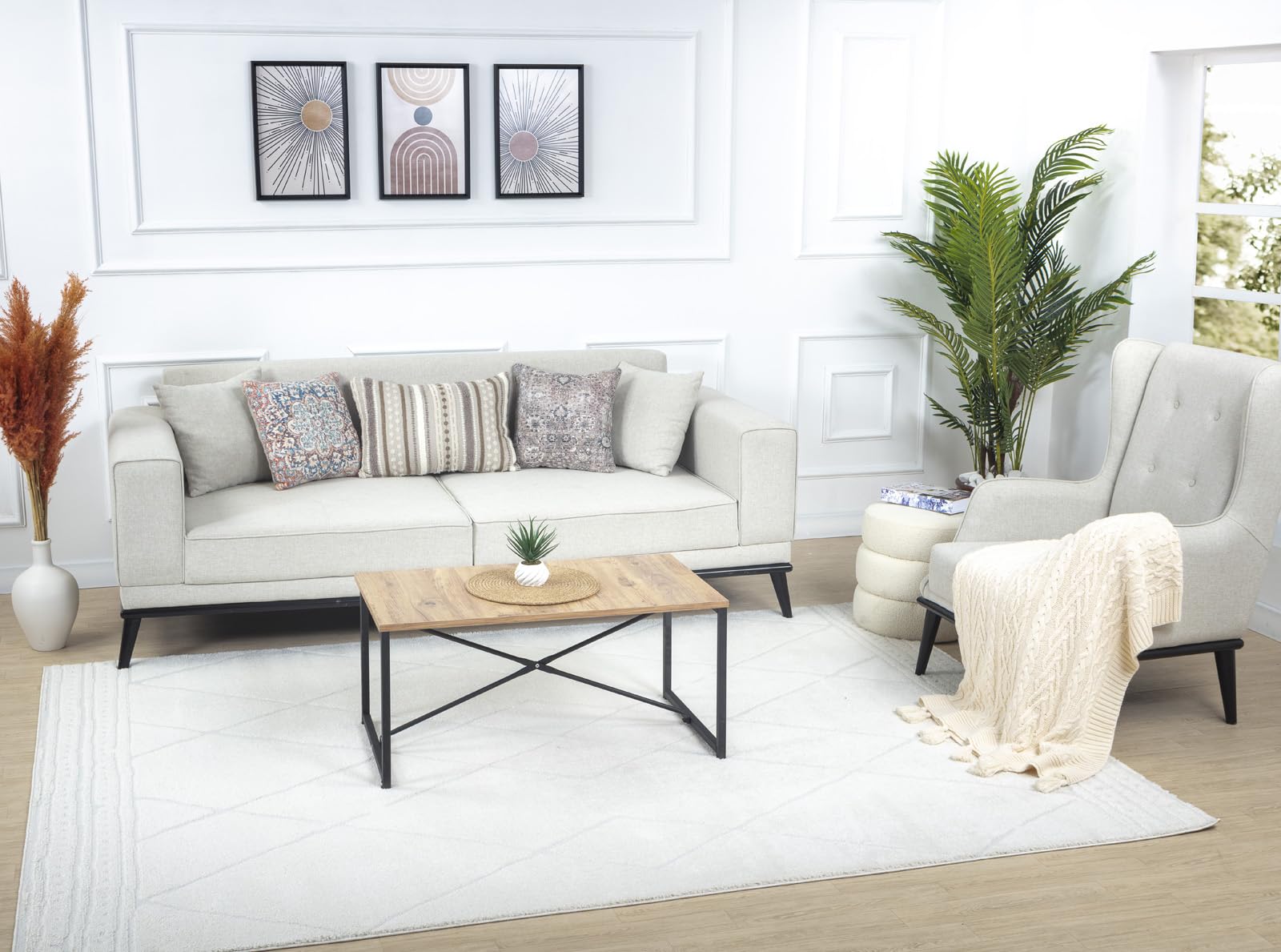 Livabliss Hannah Linkka Geometric Design Rug – Scandi Style Living Room 200x275 cm, Dining Kitchen Use, Neutral Abstract Pattern, Boho Style, Easy Care Pile, Cream