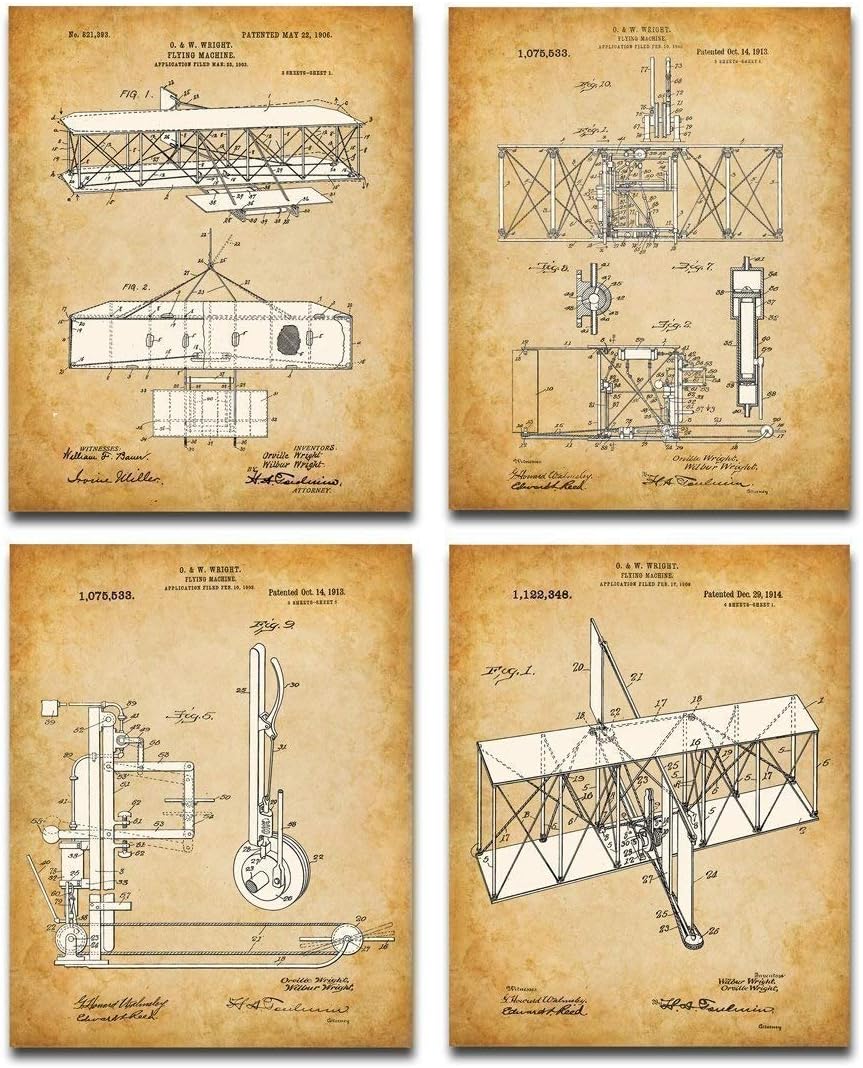 Original Wright Brothers Plane Patent Art Prints - Set of Four Photos (8x10) Unframed Blueprint Poster - Makes a Great Home or Office Decor and Costume - Gift for Pilots and Kids