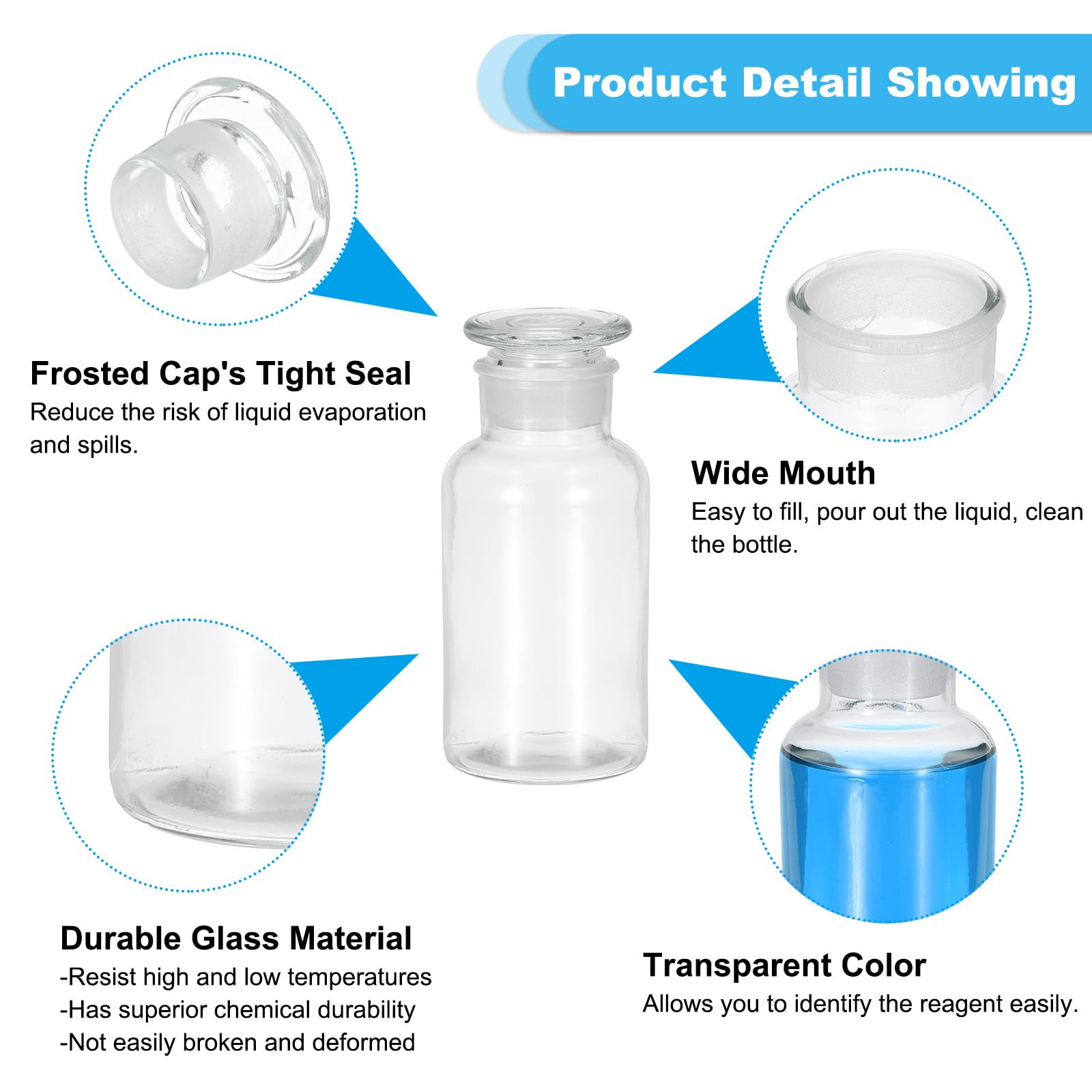 PATIKIL Frasco De Medio Reactivo 3 Pcs 500ml Vidrio Boca Ancha Frasco Almacenamiento Medio Reactivo Con Tapón De Vidrio Esmerilado Para Laboratorio Agua Líquidos Reactivos Química