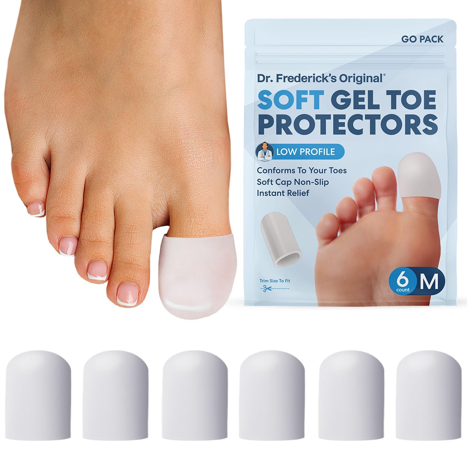 Dr. Frederick's Original Soft Gel Toe Protector for Men and Women - 6 Carats - Toe Cap for Foot Pain Relief - Built-In Toenail, Corn, Calluses and Blister Sleeves - Medium - White