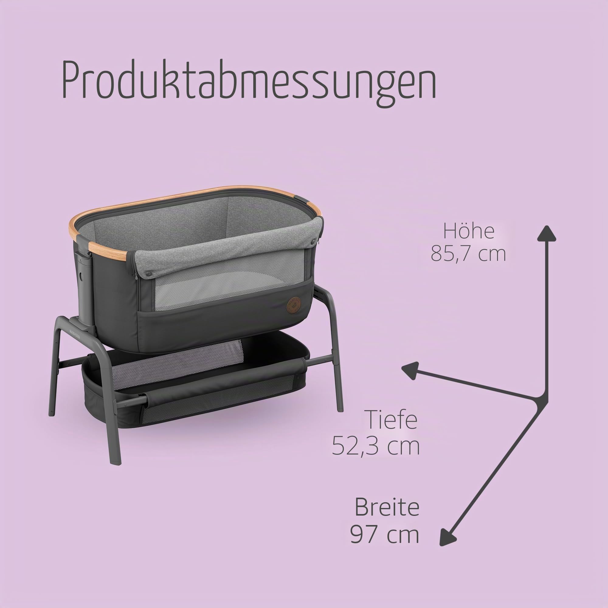 Maxi-Cosi Iora Co-Sleeper Krippe Faltbares Baby Nachttisch Krippe 0-6 Monate max 9 kg 4 Neigungs- & 5 Höhenpositionen Easy Slide Bequeme Matratze Großer Korb Leicht zu Tragen Essential Graphite