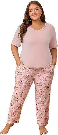 Women Plus Size Pajama Sets 2 Piece Lounge Set Short Sleeve Tops and Long Pants Soft Pjs Sleepwear 1X-5X