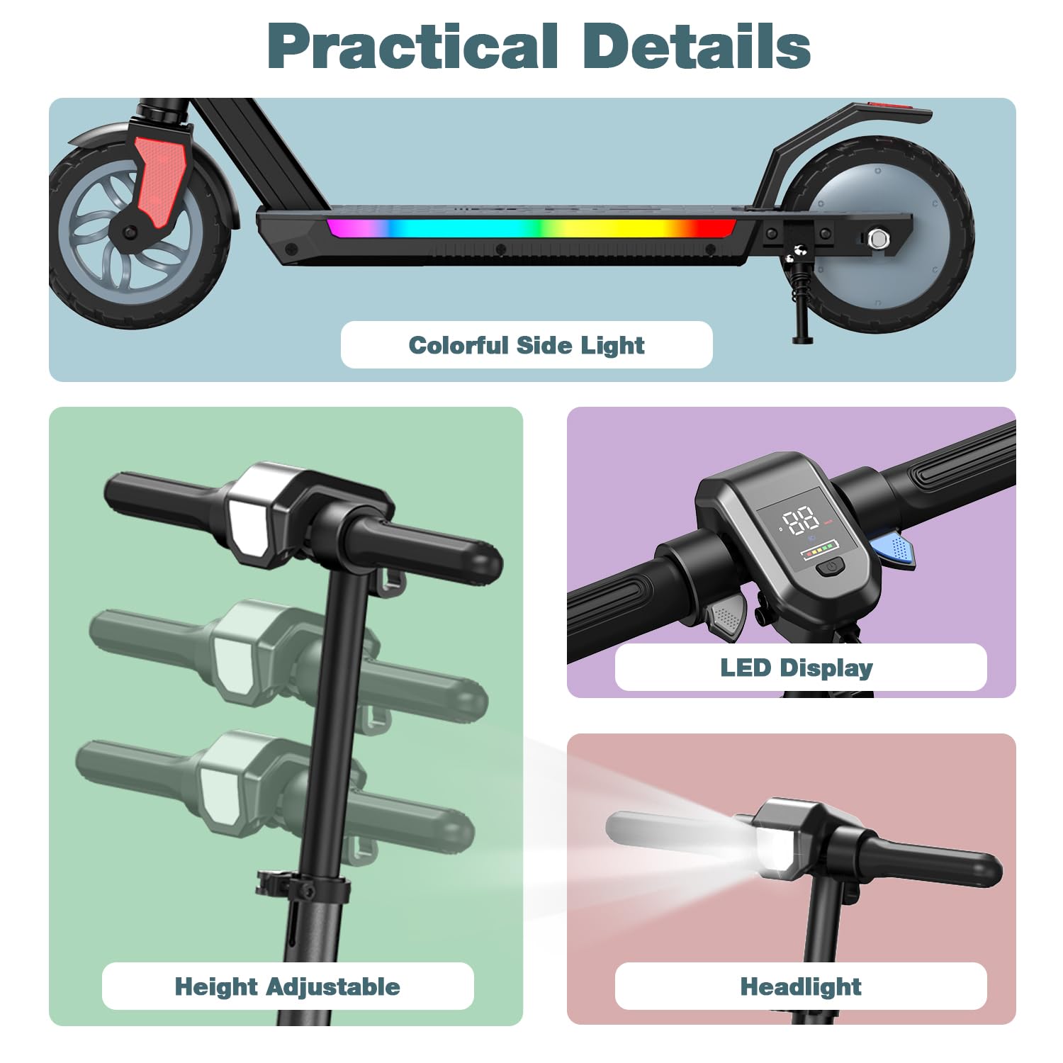 RCB R12 PRO E-Scooter Kinder 6-12 Jahren, bis zu 18km/h &15km, 7 Zoll Faltbar Elektroroller,Höhenanpassung,Bunte Leuchten,LED Display,Doppelte Bremsen, Geschenk für Kinder