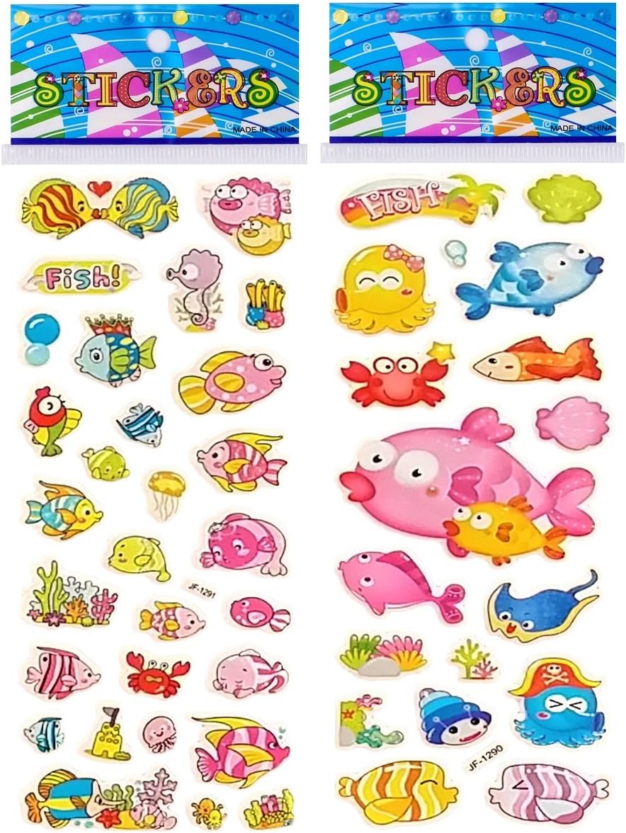 6 Sheets Puffy Dimensional Scrapbooking Party Favor Stickers + 18 Free Scratch and Sniff Stickers - Fish