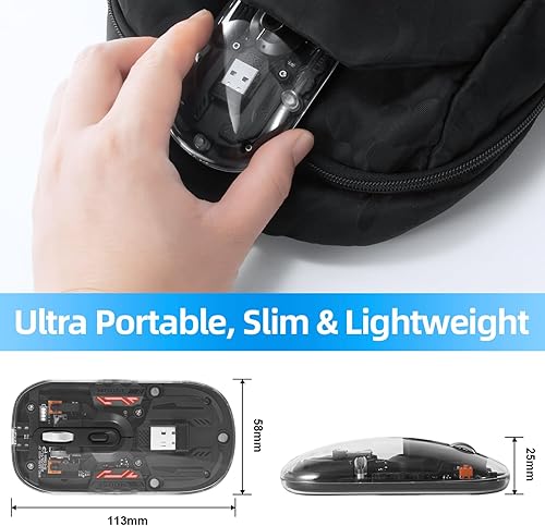 Miniatura 3 de DANCESOUL Ratón inalámbrico transparente de 3 modos (BT5.1BT5.12.4G) Ratón Bluetooth silencioso recargable Silm portátil para laptop, PC, MacBook,