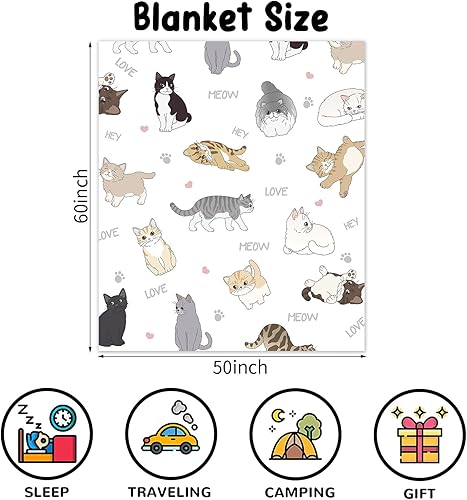 Miniatura 2 de Manta con estampado de gatos para niños, bonita manta de franela suave y acogedora con gatos para niñas, 50 x 60 pulgadas, cálida manta de vellón