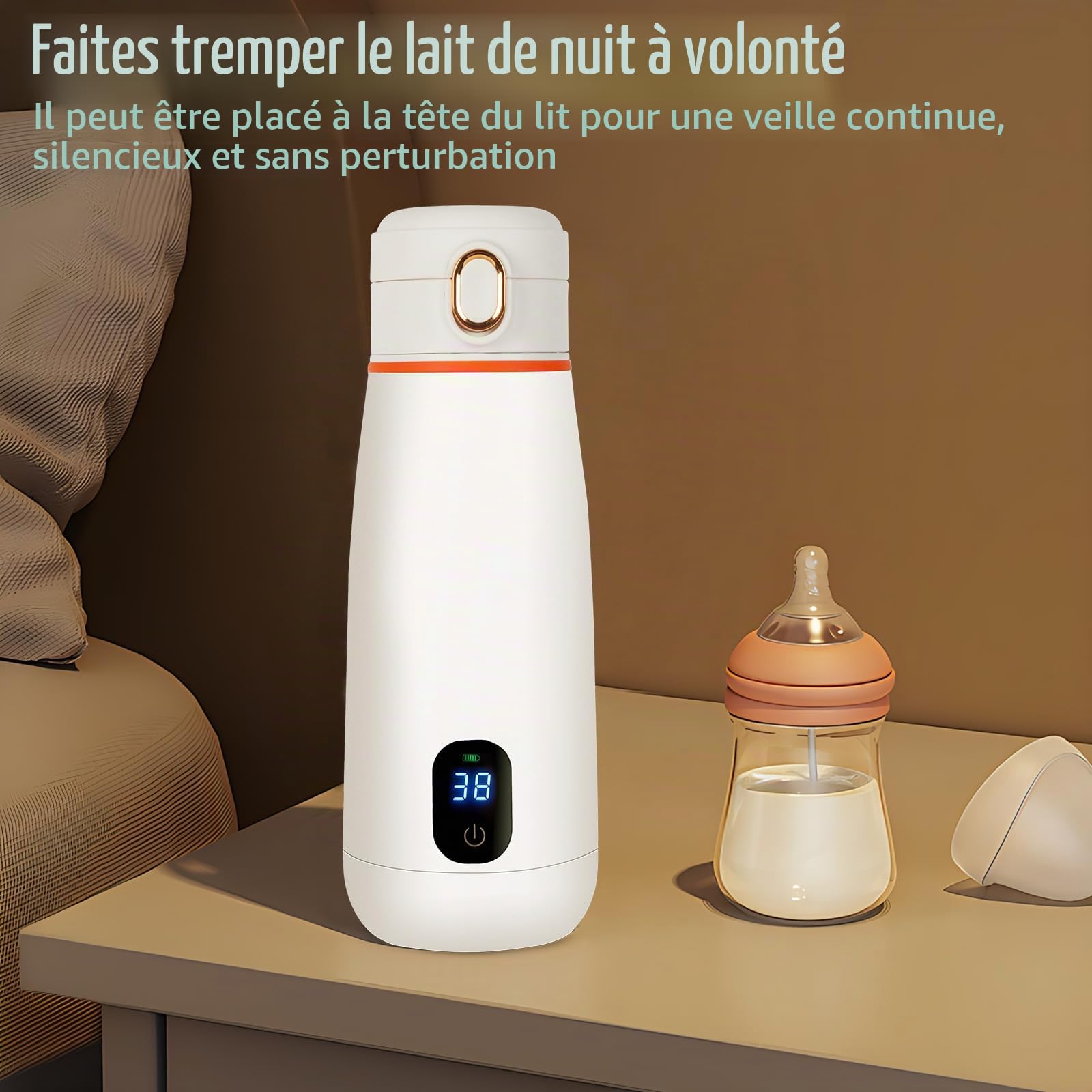 Chauffe Biberon Portable/Voiture/Voyage, 350ml, Universel, Sans Fil, Température Précise,Autonomie 24h, Rechargeable USB, Lait Maternel, Lait Tempérture Réglable 37°C a 55°C
