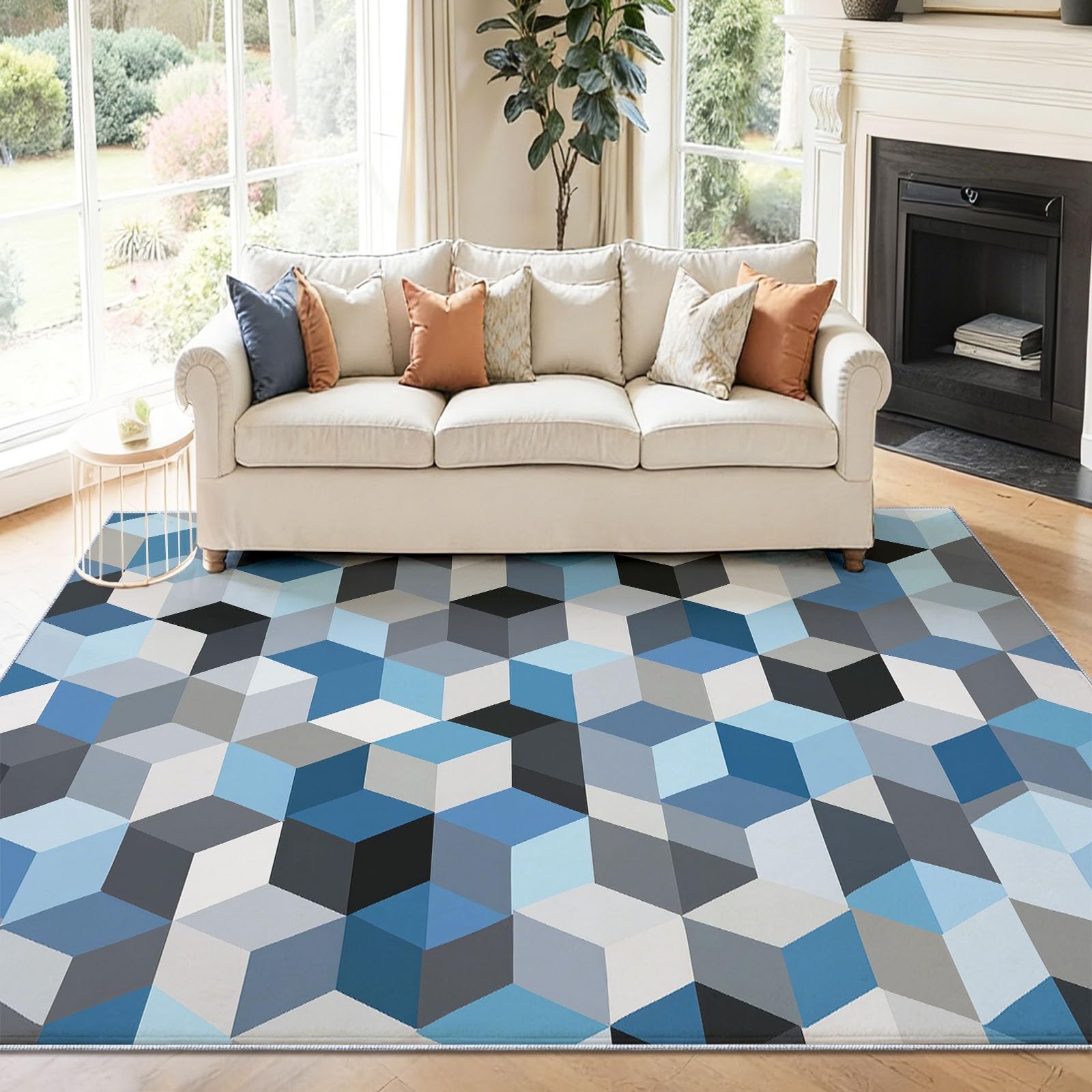 Minimalistisch geometrisch dreidimensional Teppich Wohnzimmer 80x150cm, rutschfest Kurzflor Kunstwolle Schlafzimmer Teppich, Waschbar blaugrau Bettvorleger Teppiche für Wohnzimmer Schlafzimmer