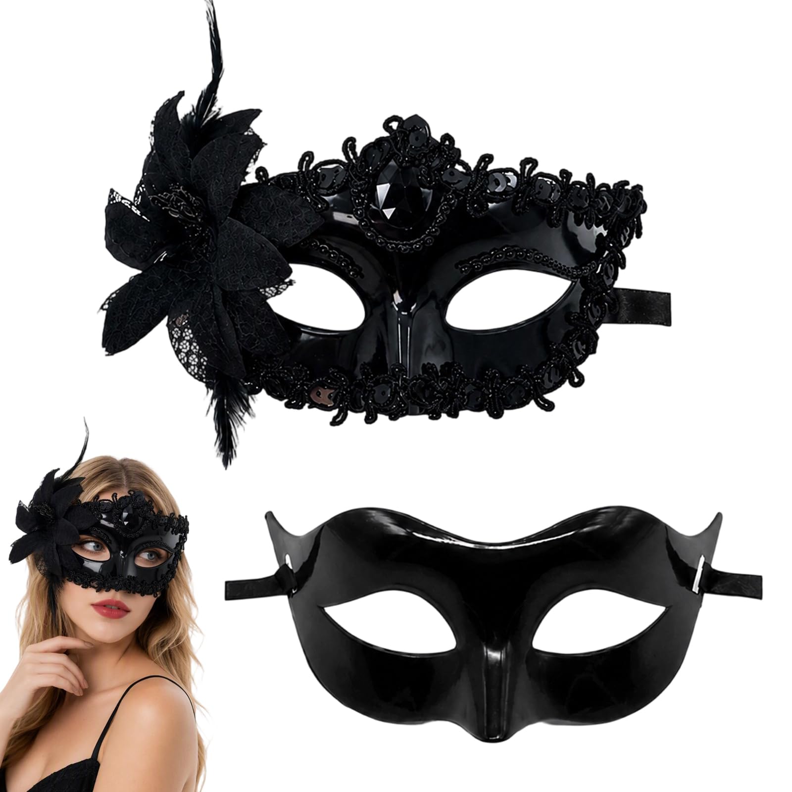 Masquerade Mask For Women,Halloween Decorations 2-PCS Black,Dress Up Party