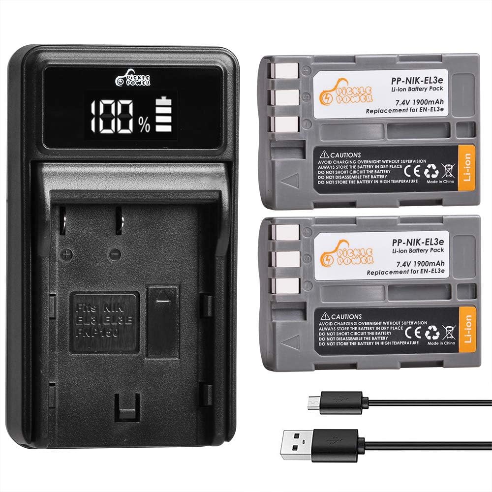 Pickle Power 2 Pack ENEL3E Battery and LED Charger for Nikon D50, D70, D70s, D80, D90, D100
