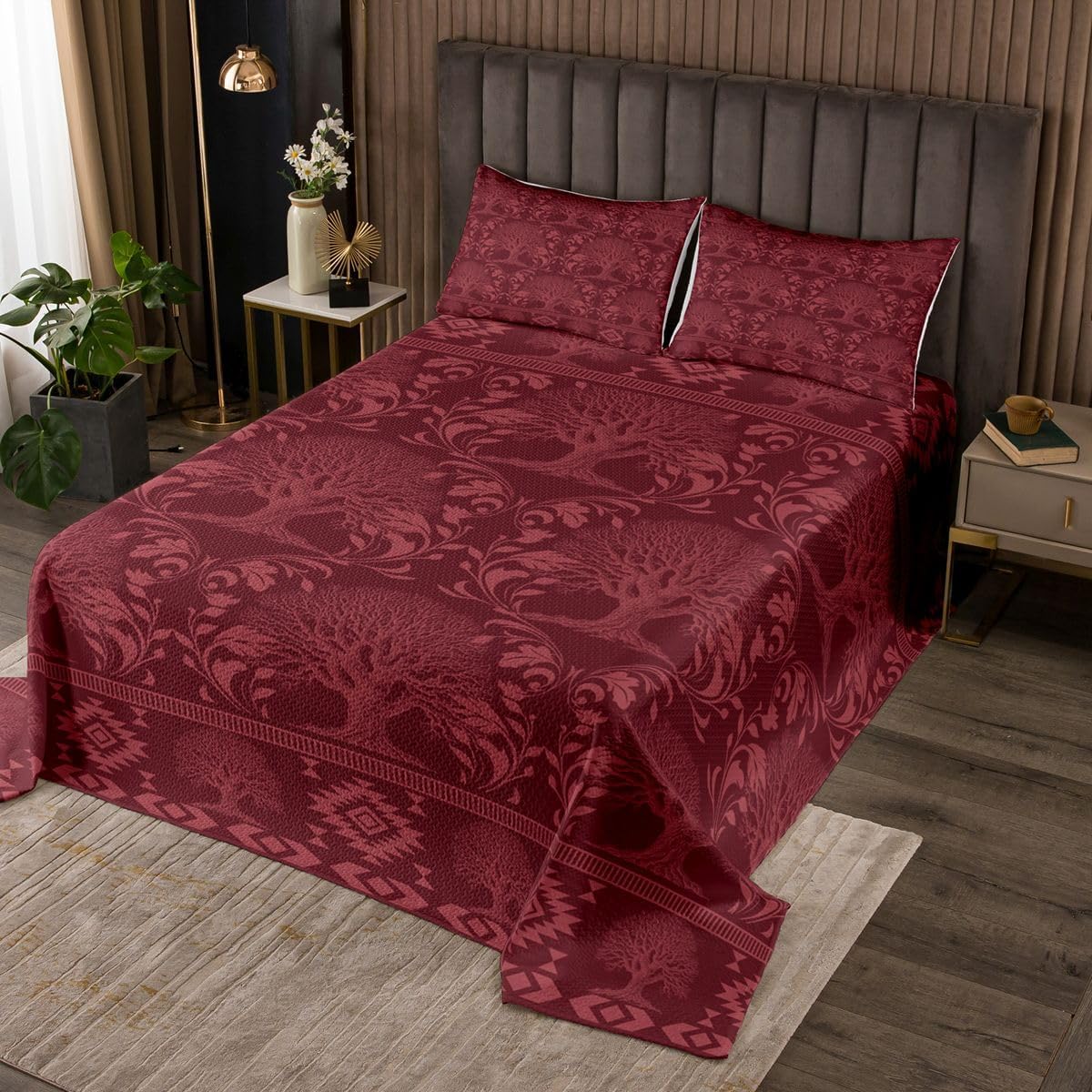 Erosebridal Tree of Life Quilt Set Goth Witchy Damask Twin Bedspread Set Spooky Aztec Coverlet Sets Retro Floral Scroll Baroque Victorian Quilted,Maroon Dark Academia Decor