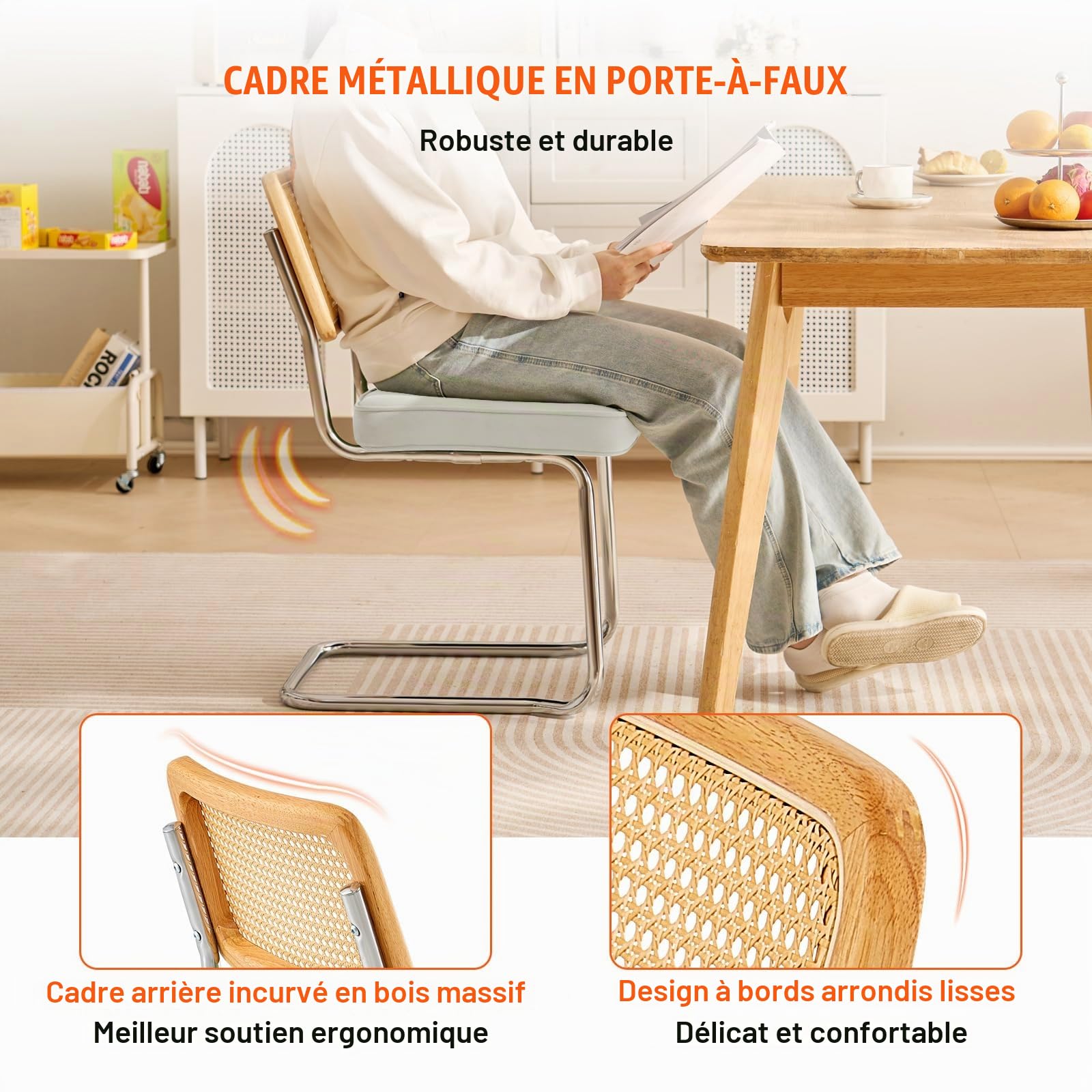 VEVOR Chaises en rotin, Lot de 4, chaises de Salle à Manger Modernes du Milieu du siècle, Chaise d'appoint en Velours tapissée avec Dossier en rotin, Chaise rétro pour Salon, Chambre, Bureau, Blanc