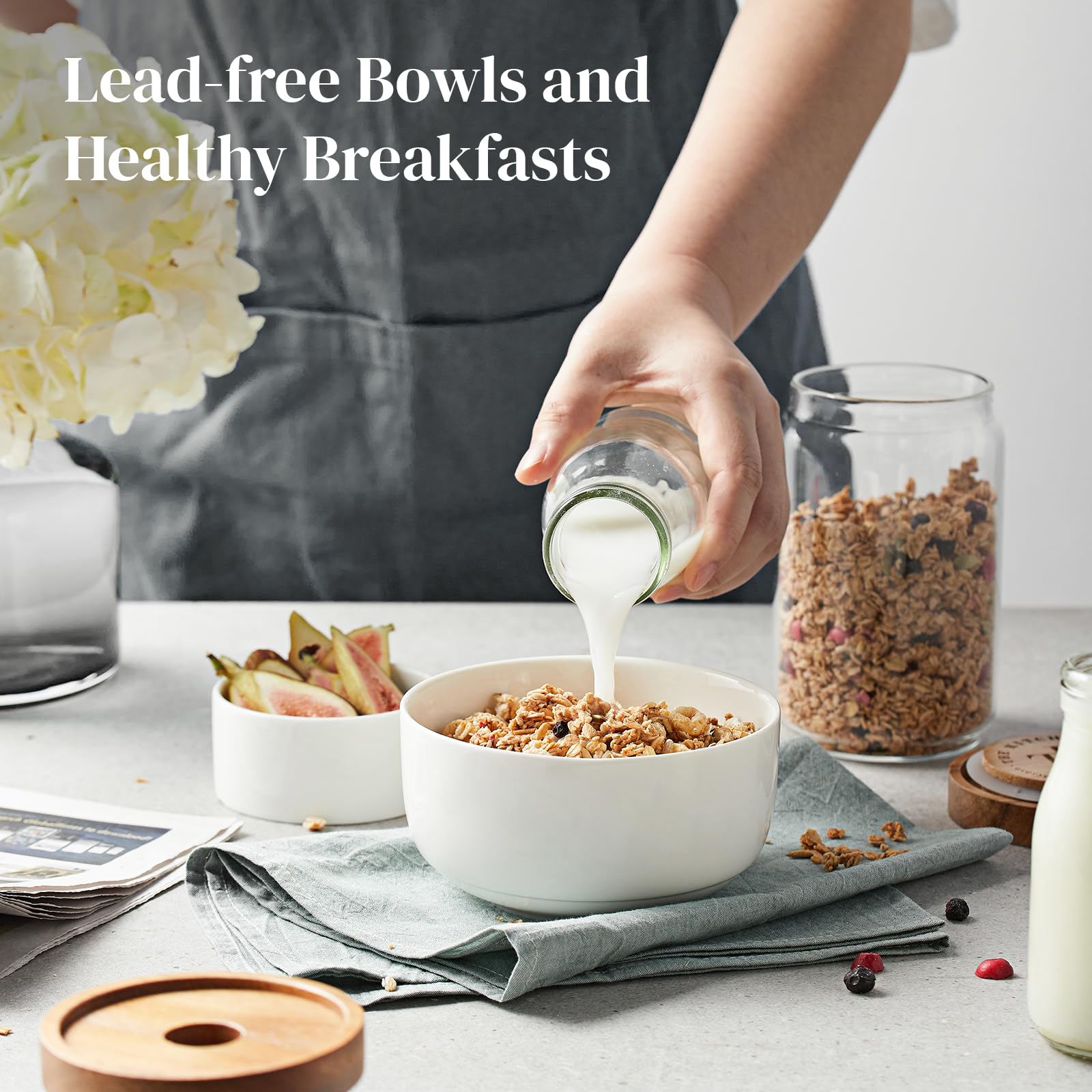 DOWAN Set de 6 Cuencos de Cereales, 650ml Tazones Desayuno, Boles para Aperitivos, Sopa, Paella, Arrozos, Postre, Helados, Picoteo, Vajilla de Porcelana, Apto para Microondas & Lavavajillas, Ø 13.3cm