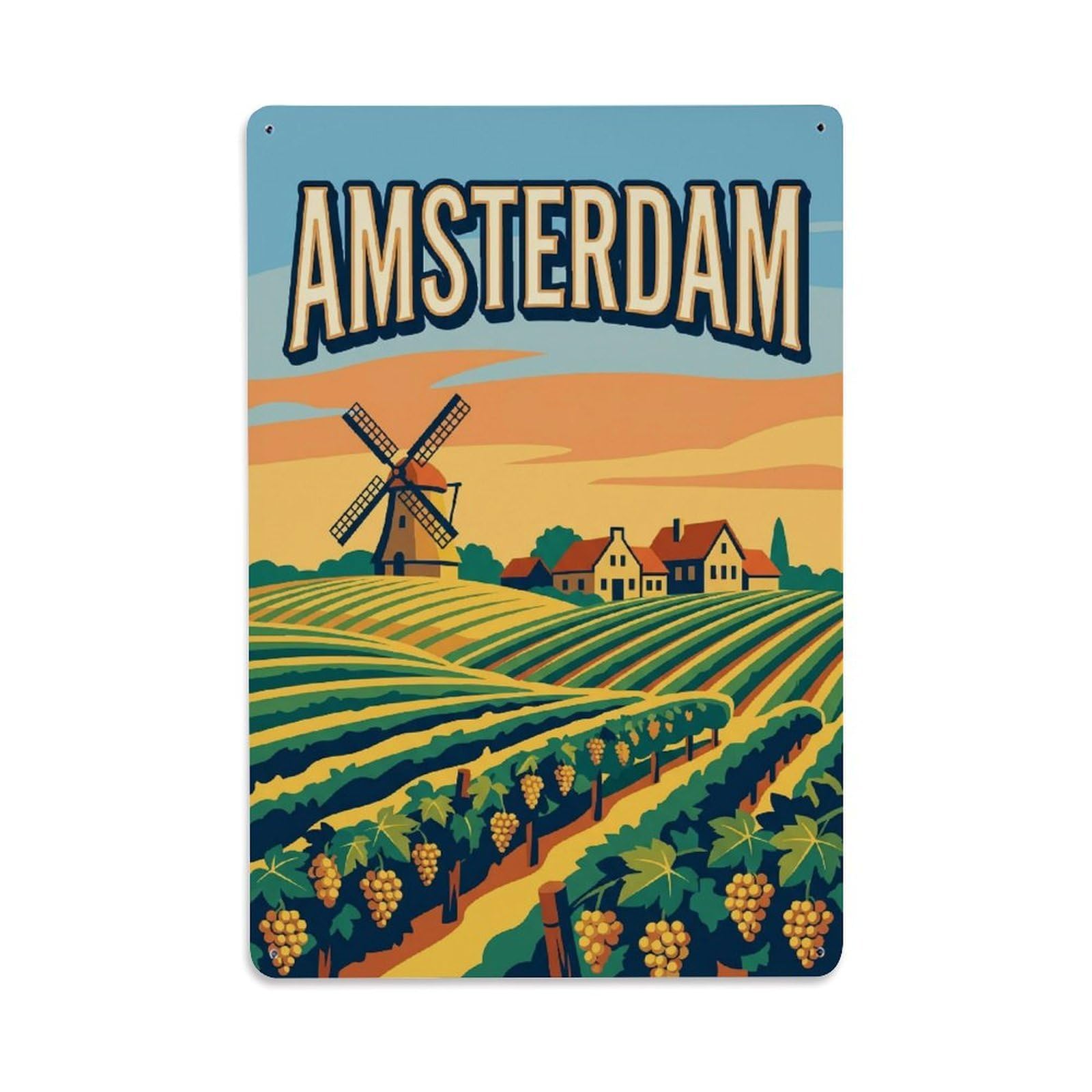 Countryside Vineyard Vintage Amsterdam Travel Landscape Metal Tin Sign Plaque Wall Decor for Cafe, Man Cave, Club Bar, Office, Home Garden Round Metal Poster 8x12Inch