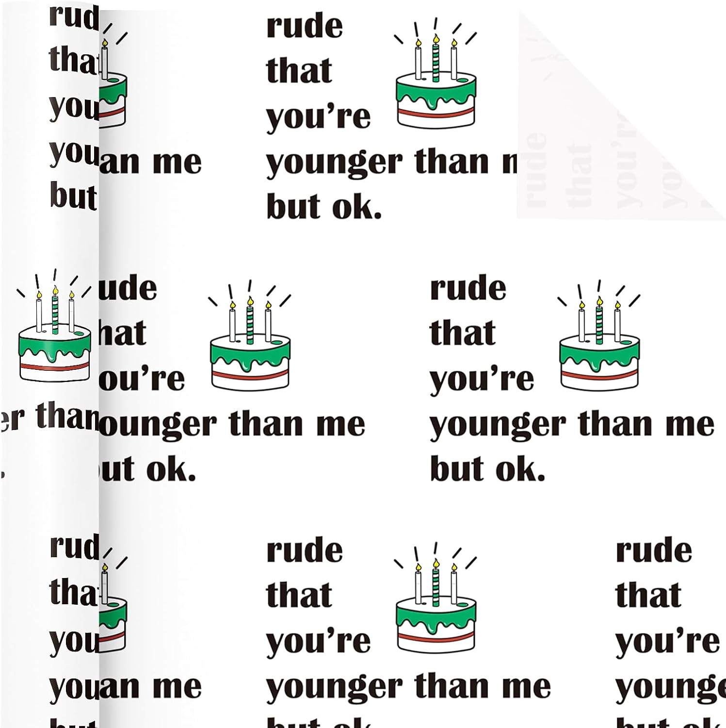 WRAPAHOLIC Funny Birthday Wrapping Paper Roll - Mini Roll - 17 Inch x 16.5 Feet - Rude That You're Younger Than Me But Ok Lettering with Cake Design image 2
