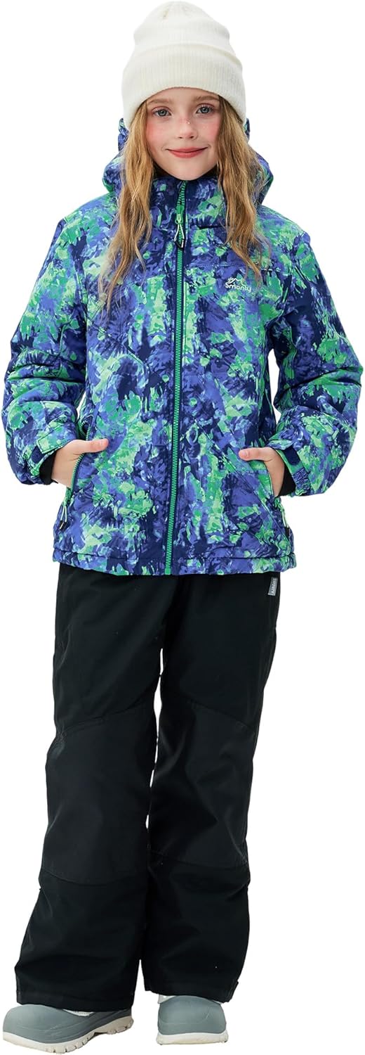 Girls Boys Ski Suit Kids Snowsuits Waterproof Snowboard Elastic Hood Jacket with Bib Pants, Windproof Winter Warmth(14 Years,KALEIDOSC BLUE)