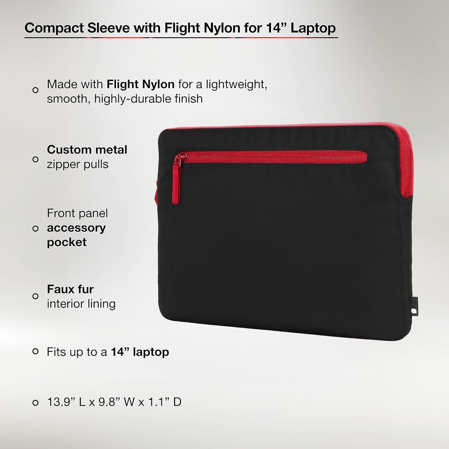 Incase Compact Laptop Sleeve with Flight Nylon - 14-inch MacBook/Laptop & iPad/Tablet Sleeve - Faux Fur Lining, Lightweight, Durable, Weather Resistant, Slip Pocket for Accessories - Black/Signal Red - Image 3