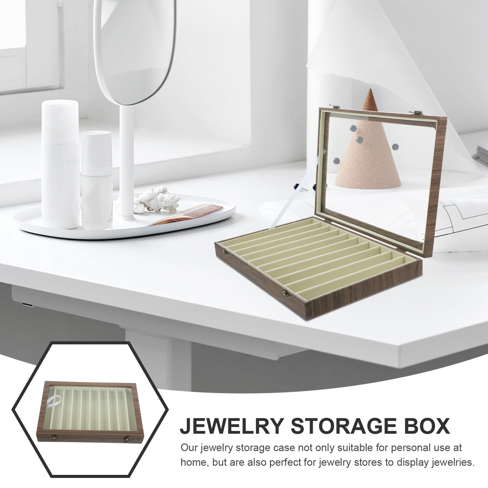 FOMIYES Schmuckkästchen mit Glasdeckel 10 Fächer Kompakter Schmuckorganizer Optik Aufbewahrungsbox für Ringe und Halsketten Mobiler Reise Organizer