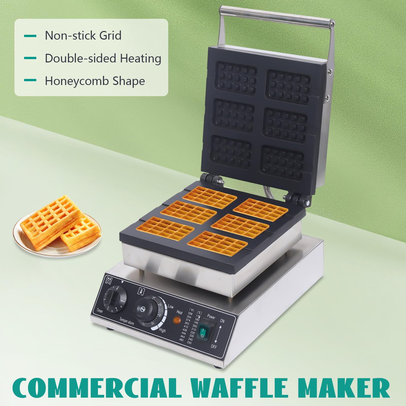 Commercial Electric Waffle Machine, 6-Slice Honeycomb Waffle Pop Maker Adjustable Time & Temperature, 110V 1750W Double Heating Bread Maker w/Non-Stick Coating (6-Slice Waffle maker)