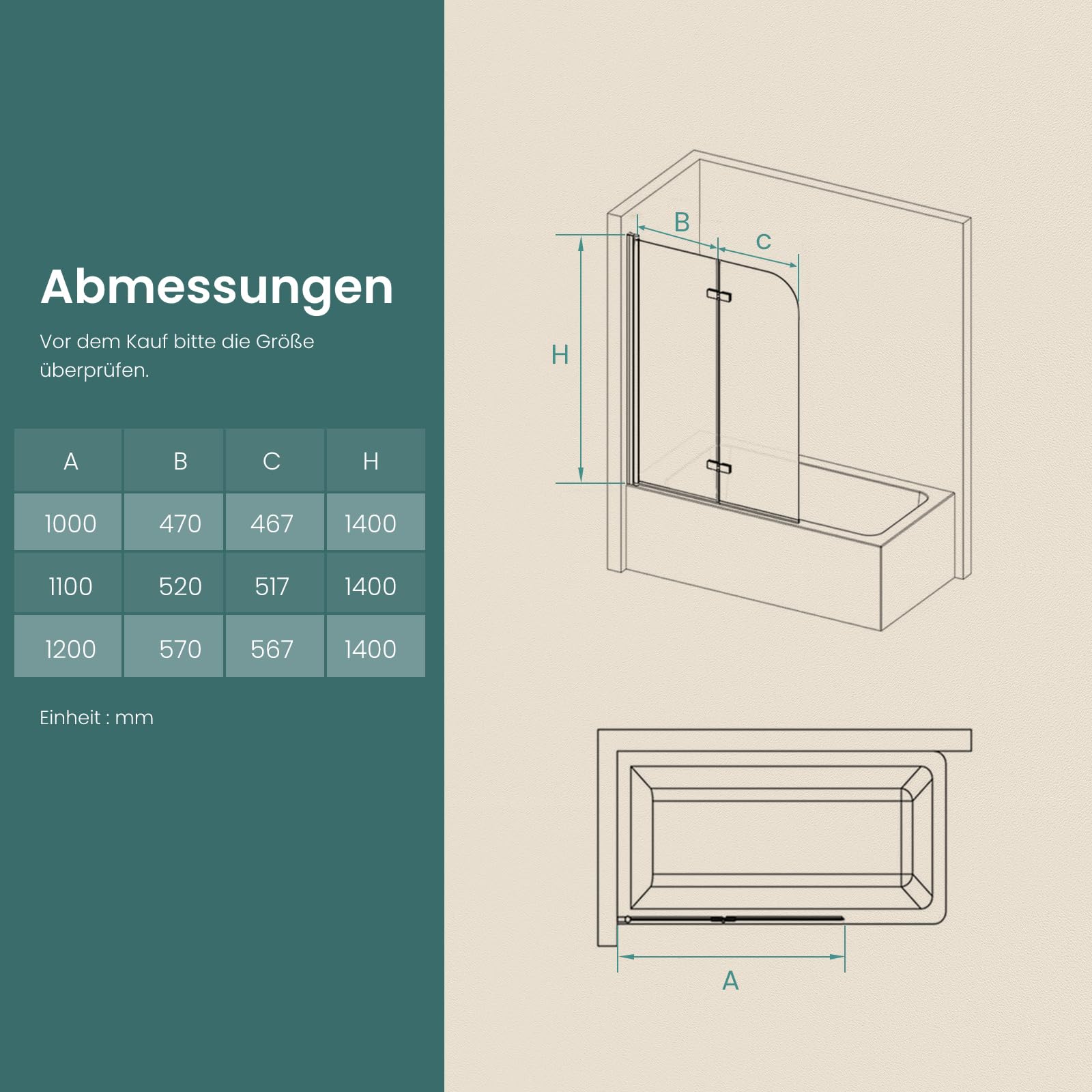 EMKE Mampara de ducha para bañera, 100 x 140 cm, accesorio plegable de 2 piezas, mampara de ducha para bañera, pared plegable de 6 mm, cristal de seguridad
