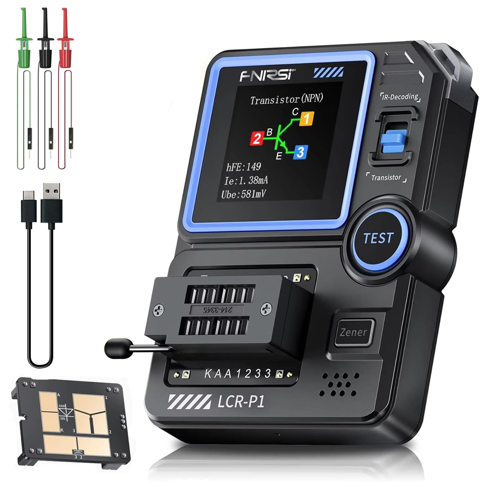 LCR-P1 Transistor-Tester, Multifunktions-Infrarot-NPN-PNP-MOSFET-Tester, 1,44-Zoll-Farbbildschirm USB Typ-C, Diode Transistor Kondensator LCR Widerstand ESR Messgerät, Transistor