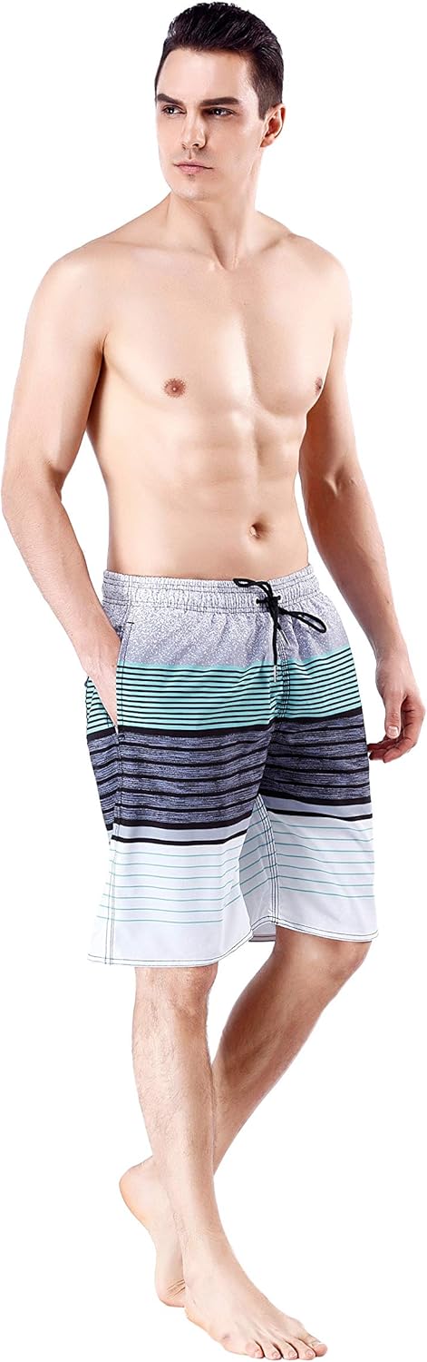 QRANSS Men's Swimming Shorts Swim Trunks with Mesh Lined Drawstring Waistband Surfing Shorts S Grey_1