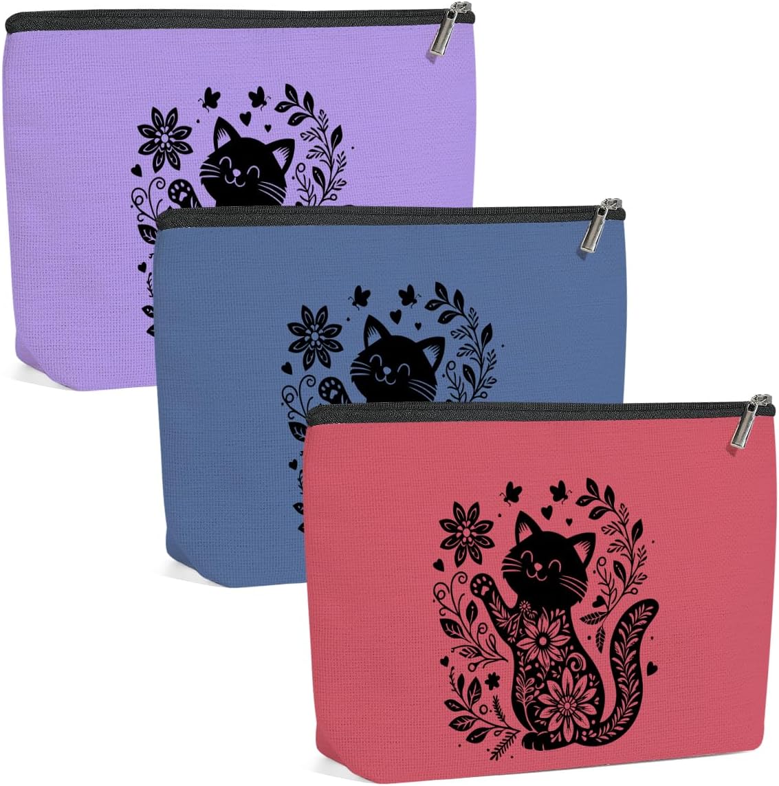3 Pack Wildlower Funny Cat Gifts for Women Cat Lover Gifts Makeup Bag,Cosmetic Bags for Women,Sister Teacher Girls Trip Bachelorette Party Toiletry Bag Birthday Friendship Girls Weekend Vacation