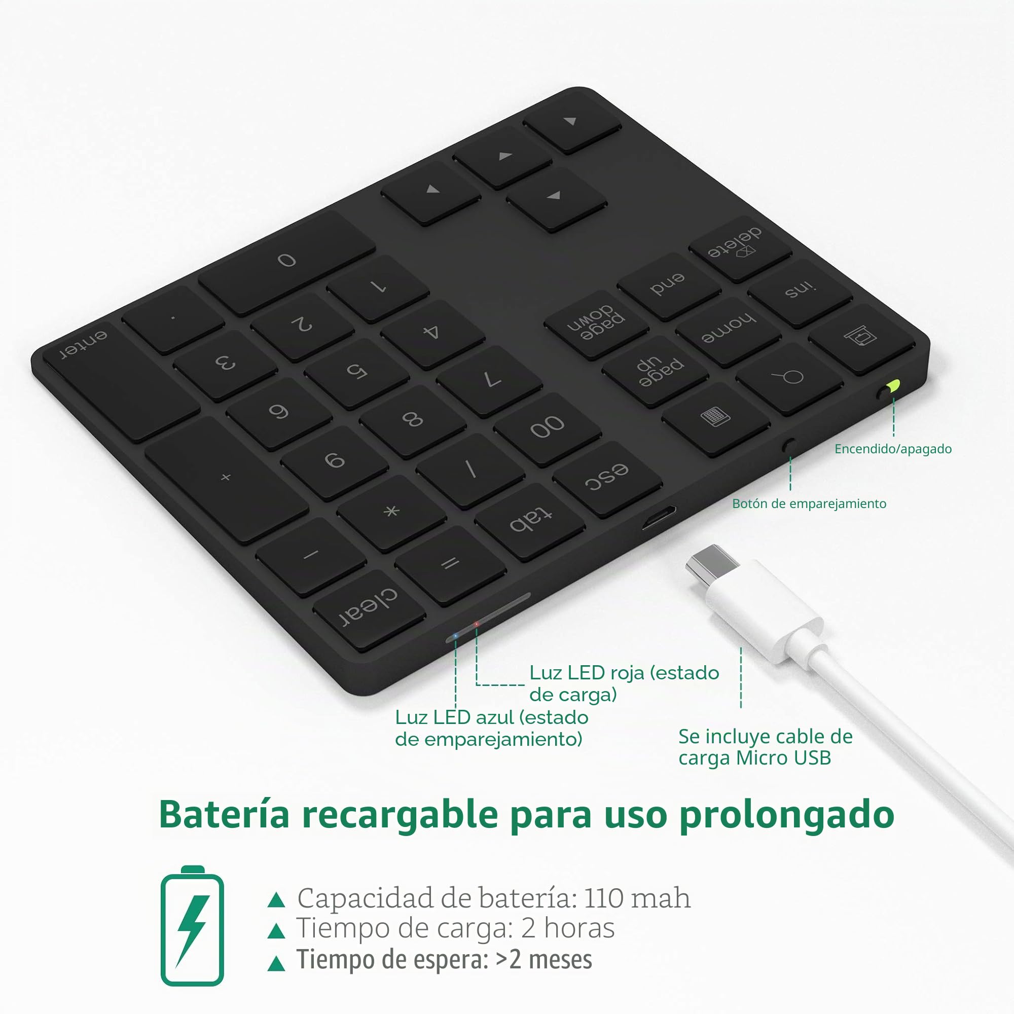 Teclado numérico Bluetooth con múltiples accesos directos de 34 Teclas Teclado numérico Delgado inalámbrico portátil para IP ad/M AC/Laptop/PC Compatible con el Sistema Windows