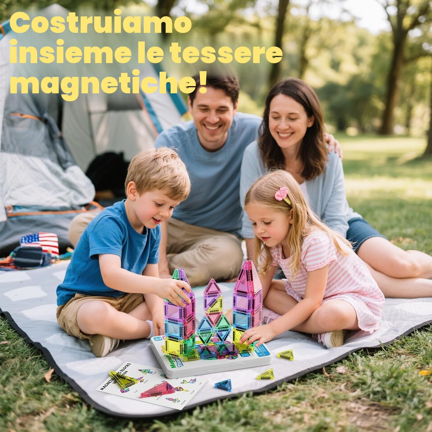 Set di 42 mattonelle magnetiche da viaggio per bambini, portatili, da viaggio, mini piastrelle magnetiche, giocattoli magnetici, scatola da costruzione montessori, giocattolo regalo per bambini di 3+