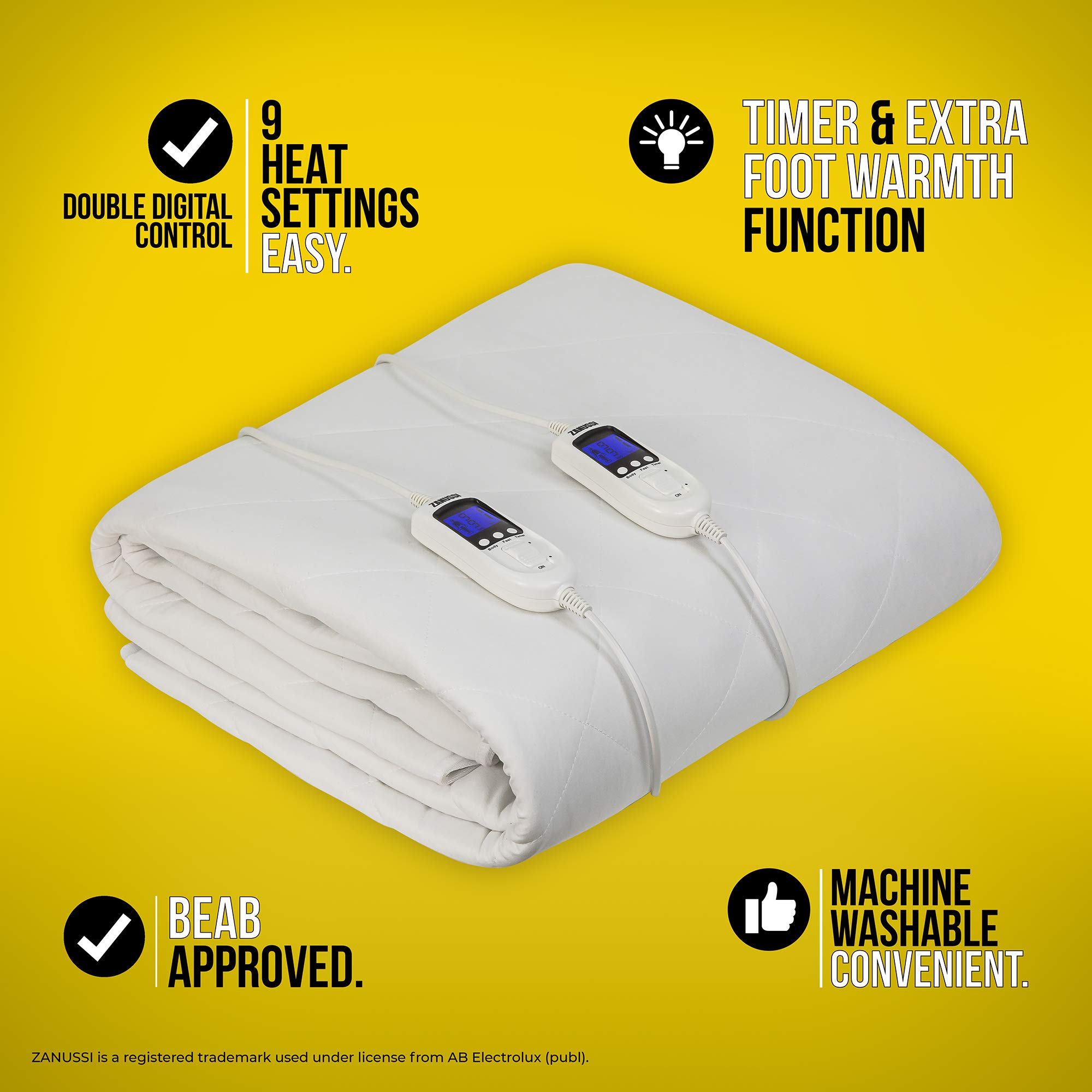 Zanussi Electric Blanket, Heated Double Fitted Underblanket, 9 Heat  Settings, Low Energy u0026 Energy Efficient, Machine Washable, Overheat  Protection, 135 X 190 cm, 60W, White ZEDB7002, 2 Year Guarantee :  Amazon.co.uk: Home u0026 Kitchen
