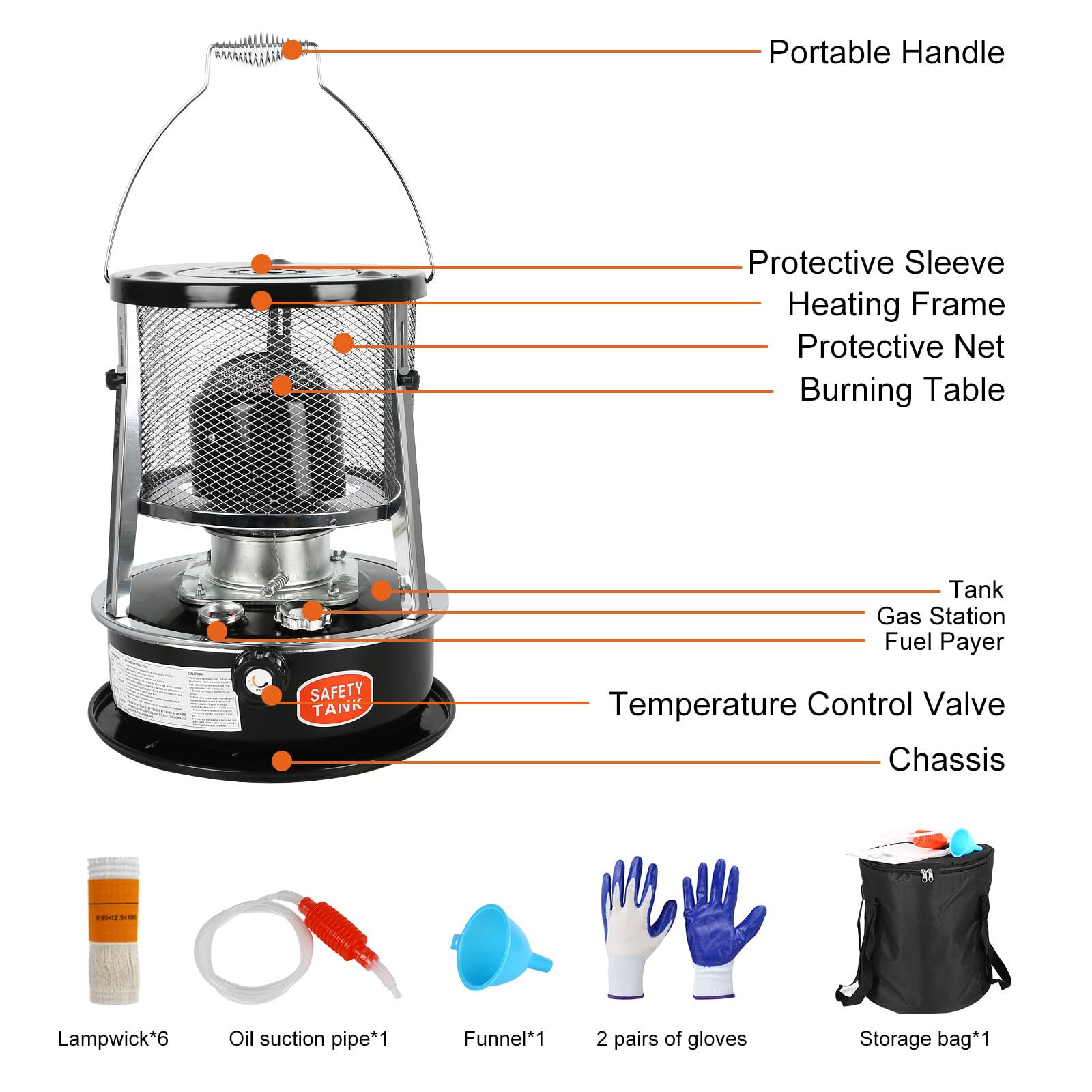 Chauffage à pétrole avec 4 gants, 2600 W, poêle à pétrole pour intérieur, avec protection contre les chutes et 5 mèches, grand chauffage portable au pétrole, pour camping, chauffage de tente,