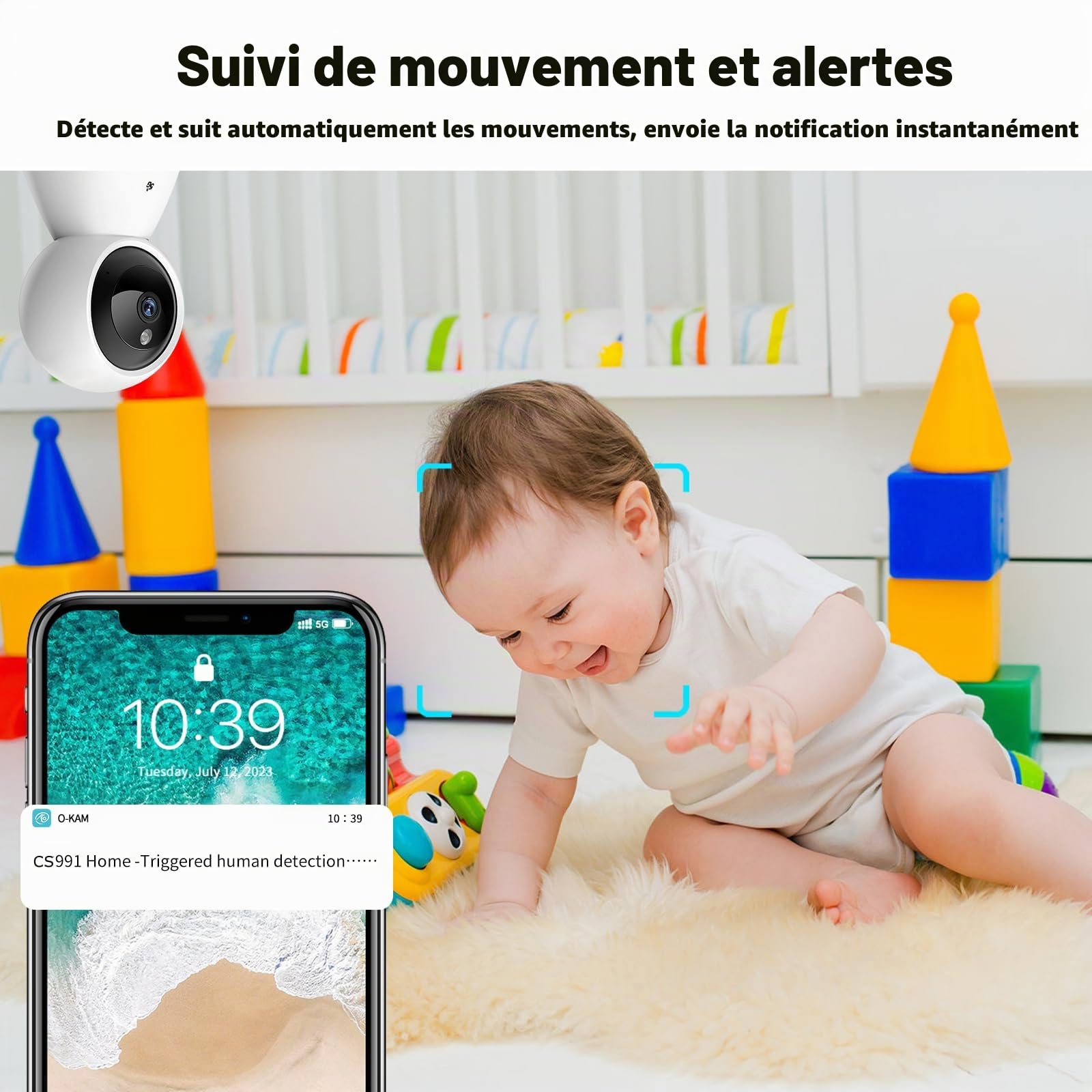 Caméra Surveillance WiFi intérieure 2K(4MP) , 5G/2.4 GHz WiFI Camera, Suivi de Mouvement à 360°, Détection Humaine AI, Vision Nocturne, Audio Bidirectionnel, Compatible avec Alexa pour Bébé/Animaux