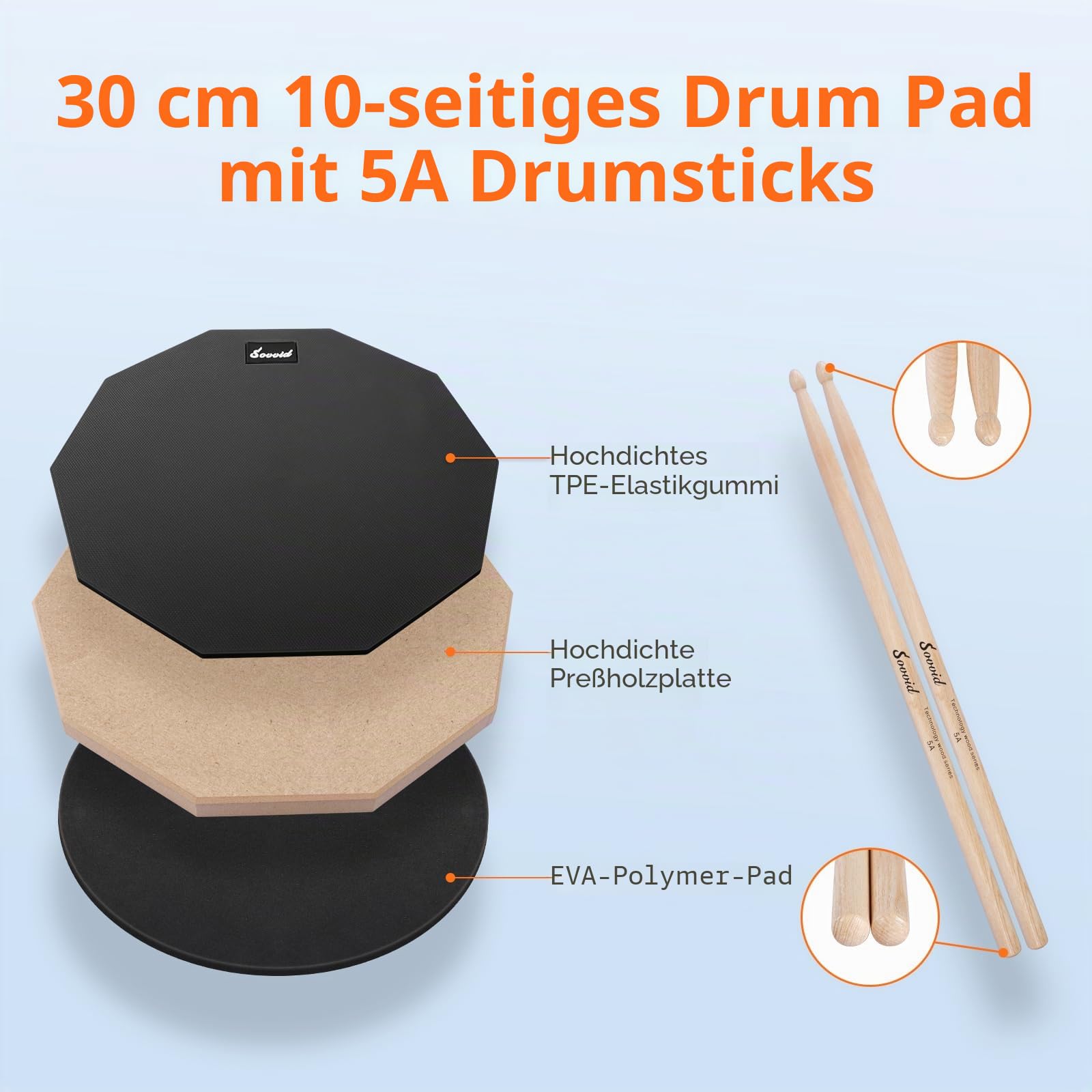 12 Zoll Drum Pad und 5A Drum Sticks, Doppelseitiges Snaredrum-Übungspad für Drummer, Silent Practice Drum Pad mit Aufbewahrungstasche - Schwarz